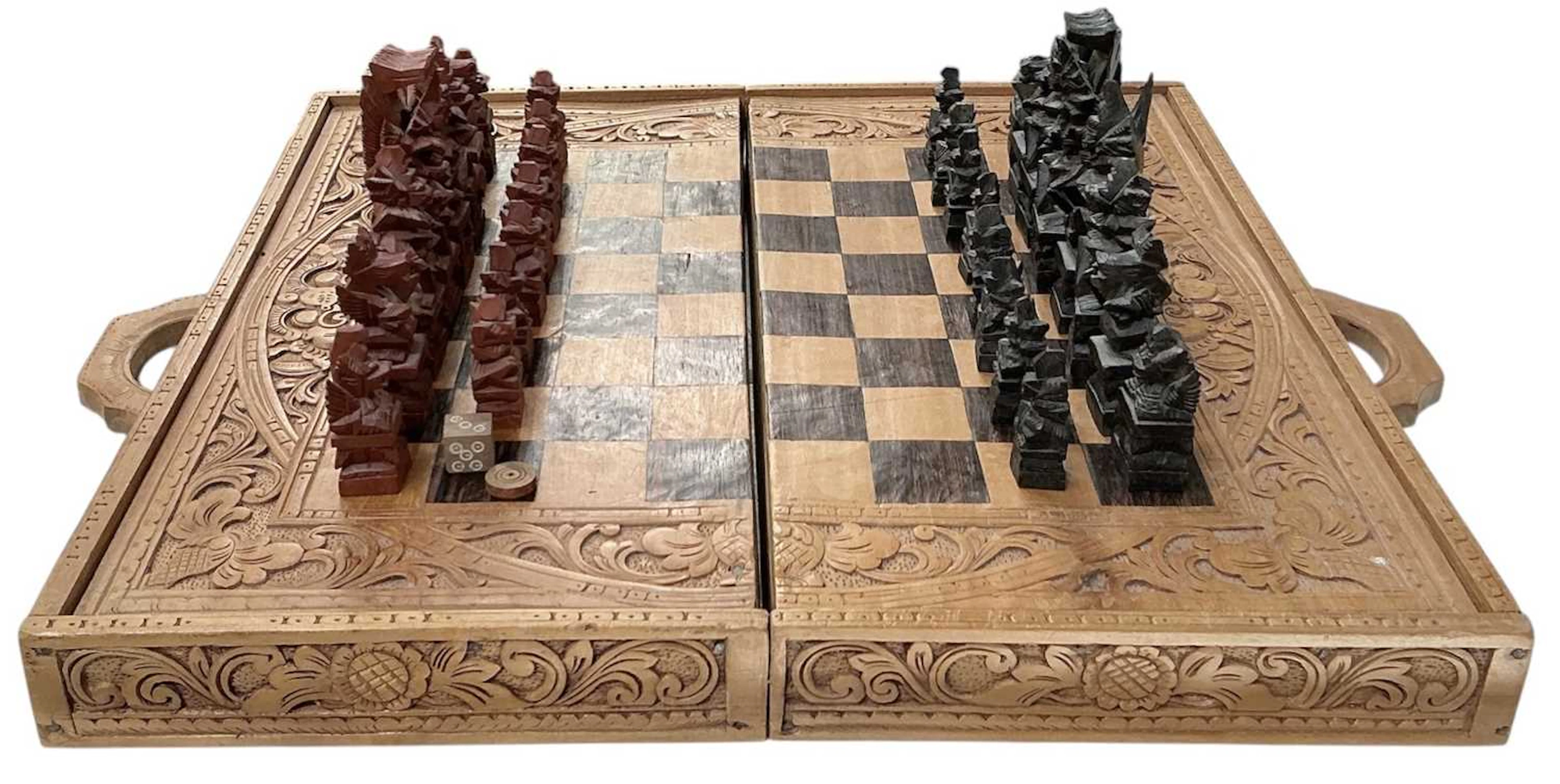 A modern Oriental carved hardwood folding games set