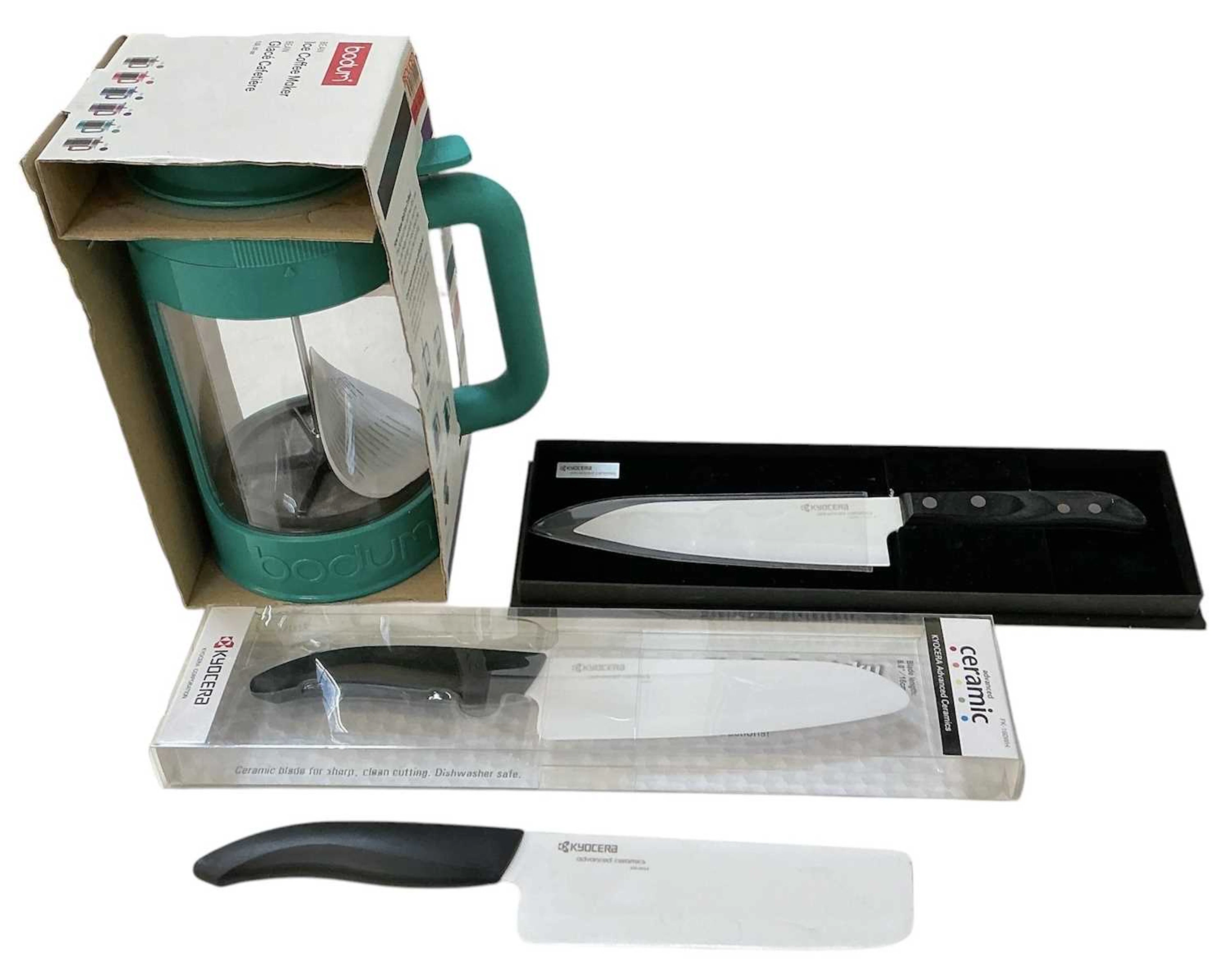 BODUM; a modern boxed cold press coffee maker and three...