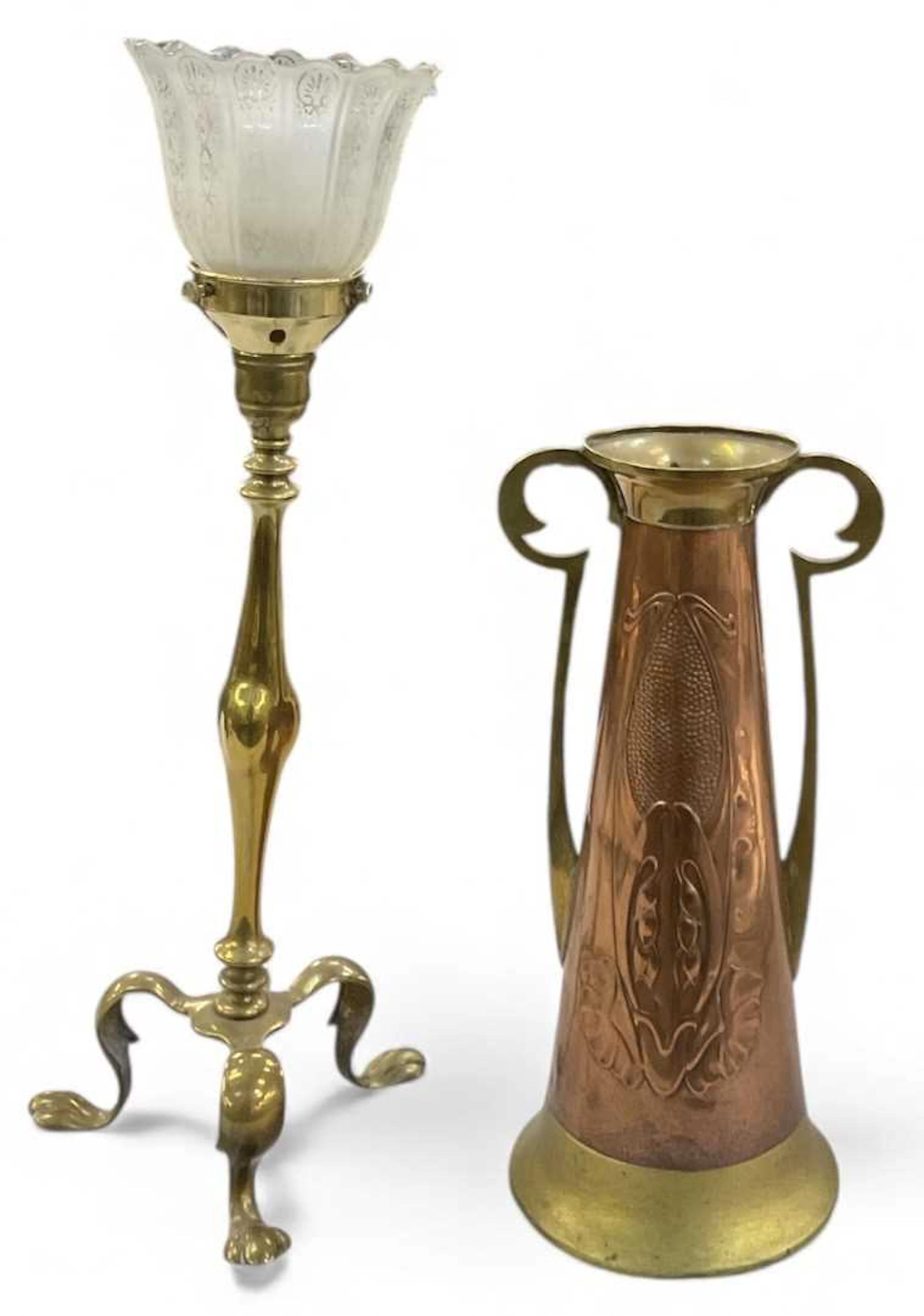 An early 20th century Art Nouveau brass tripod table lamp