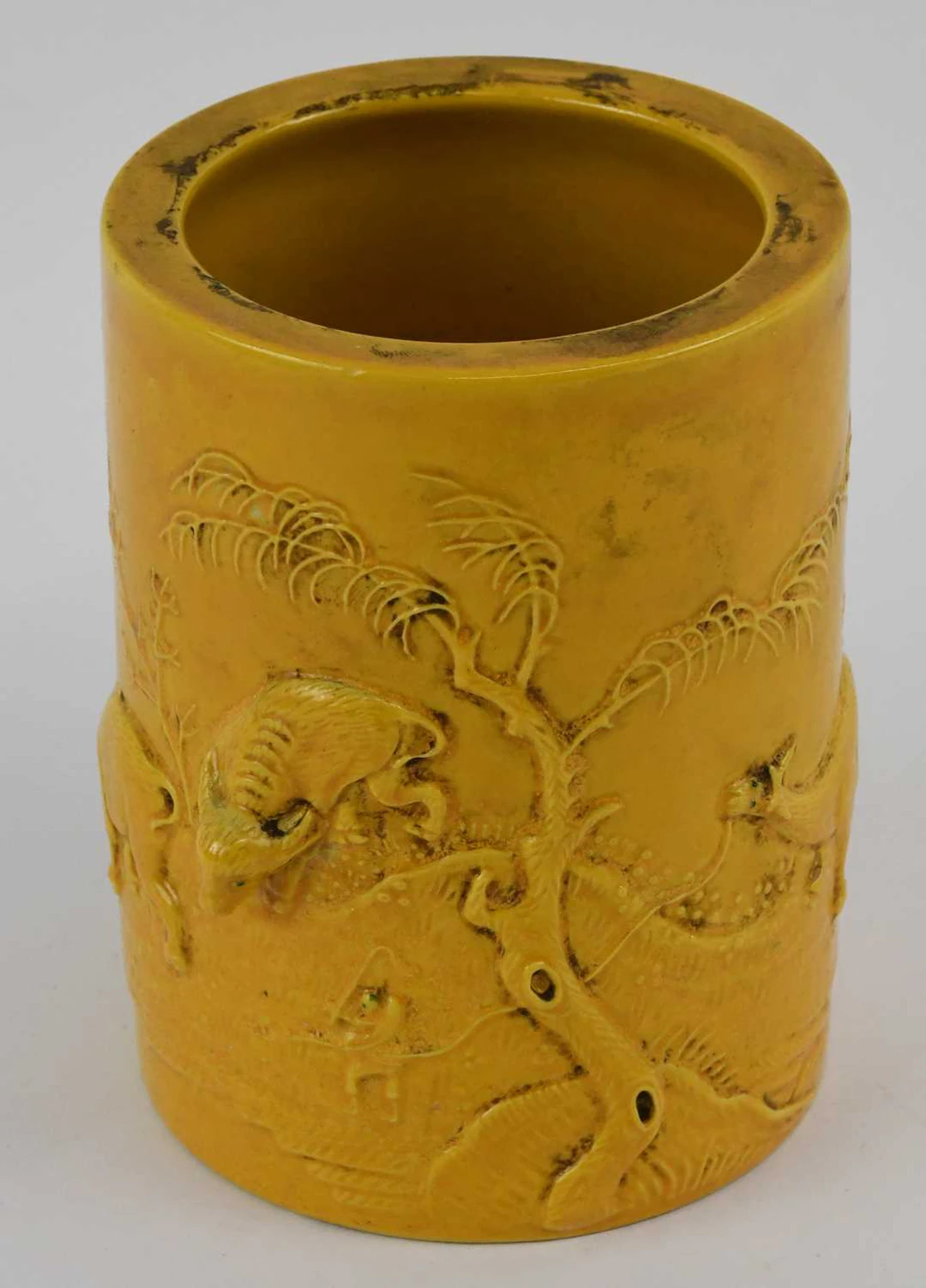 A Chinese yellow glazed porcelain brush pot