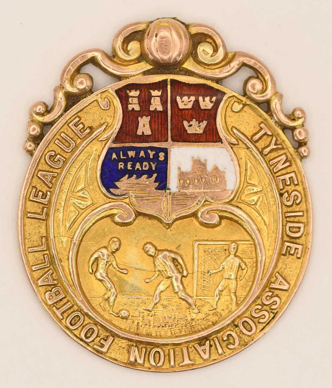 A 1930s 9ct yellow gold Tyneside Association Football League prize medal