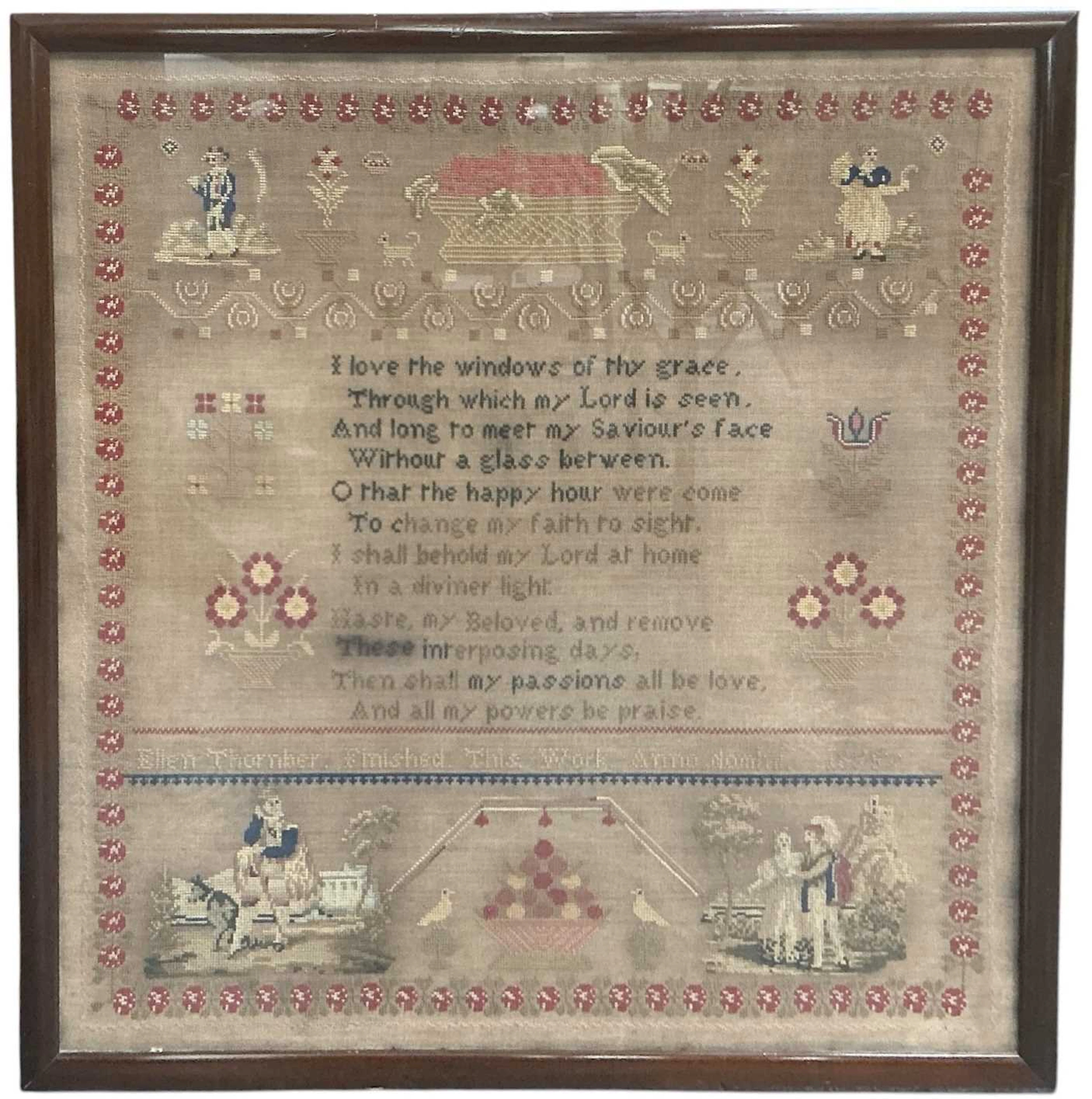 A large mid 19th century embroidered sampler by Ellen Thornber
