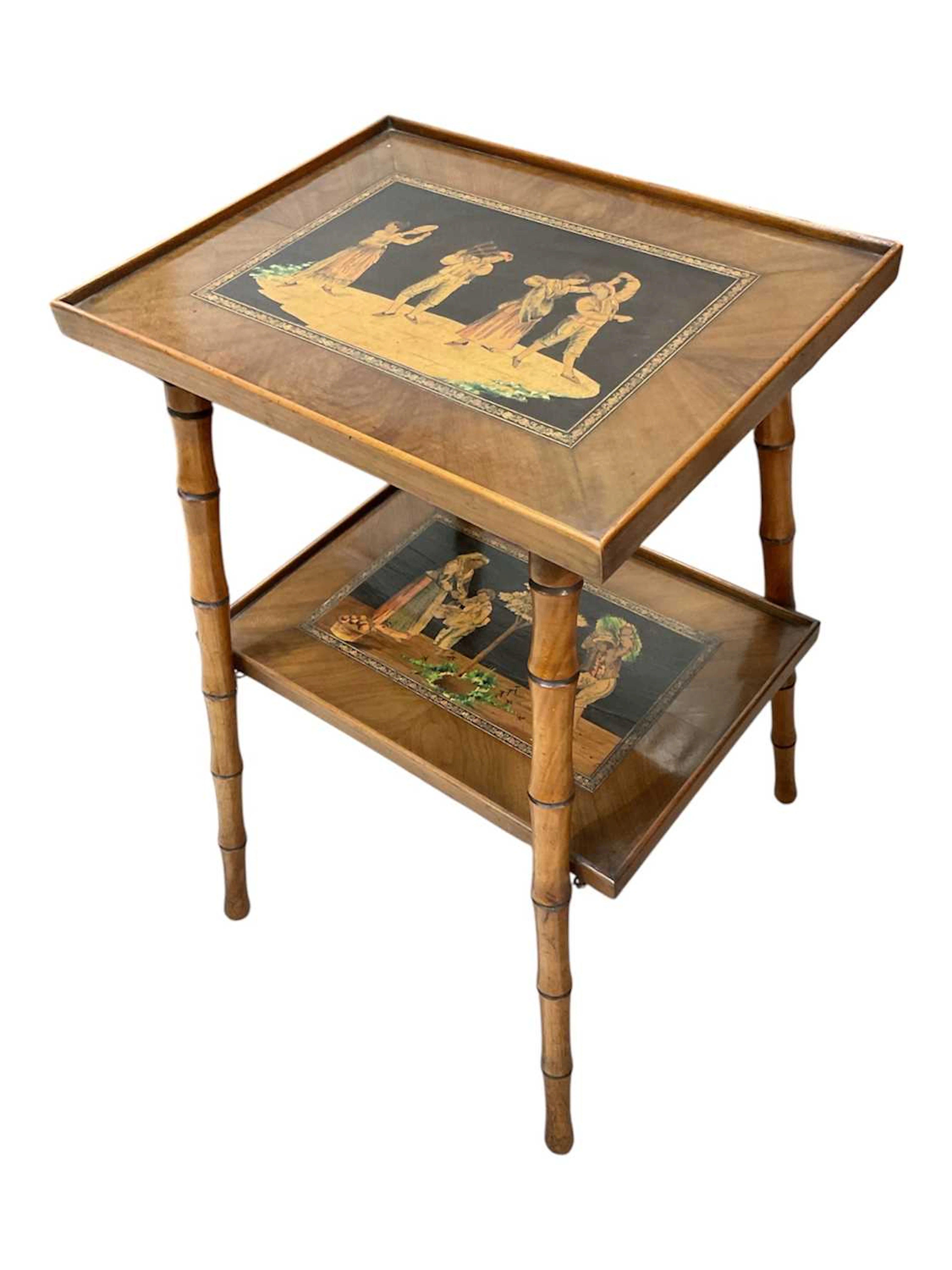 An early 20th century Sorrentoware inlaid two tier table