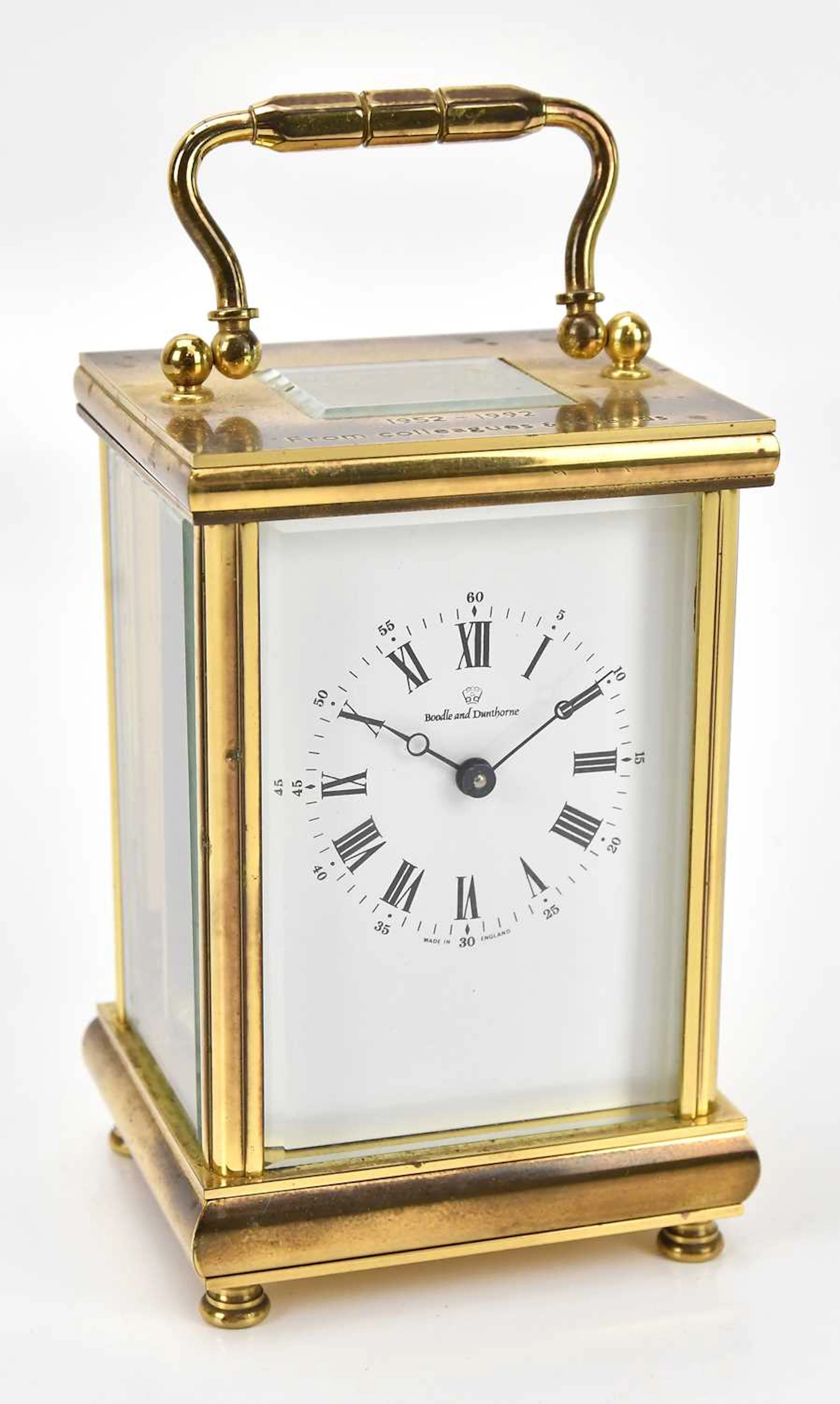 BOODLE & DUNTHORNE; a good quality reproduction brass cased carriage clock