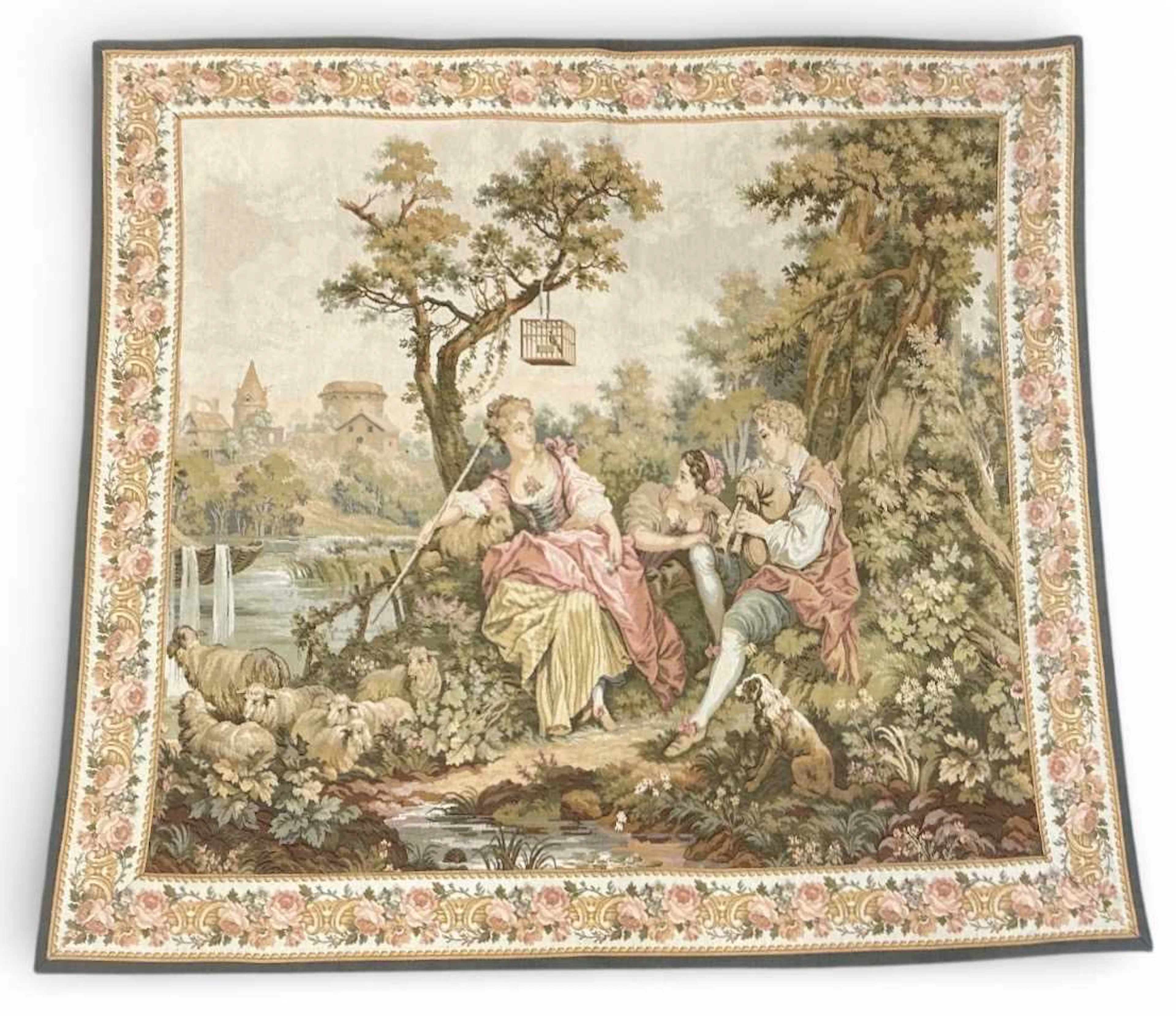 A large French rectangular Panneaux Gobelins machine woven tapestry wall hanging