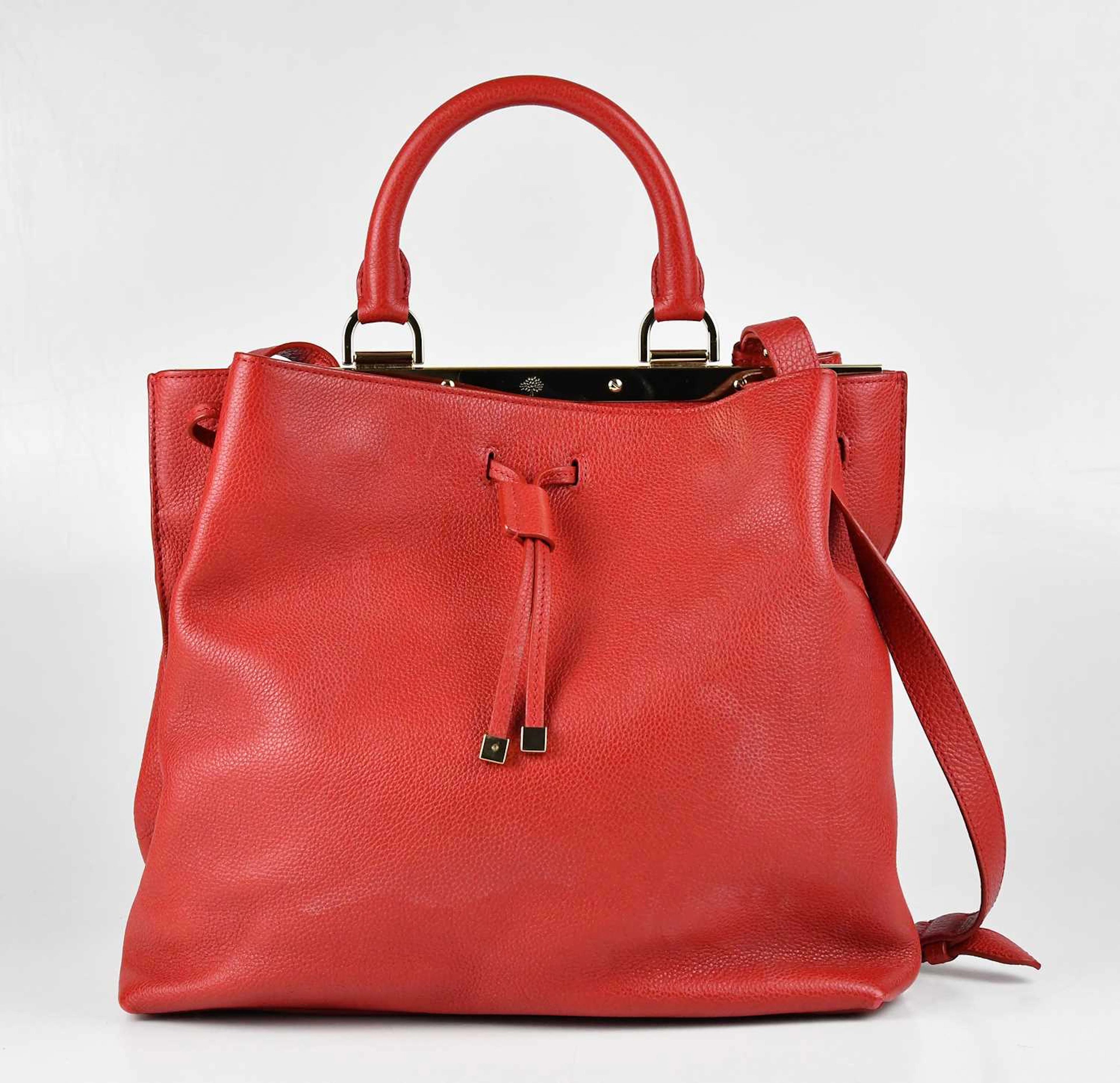 MULBERRY; a poppy red grained leather Kensington drawstring satchel