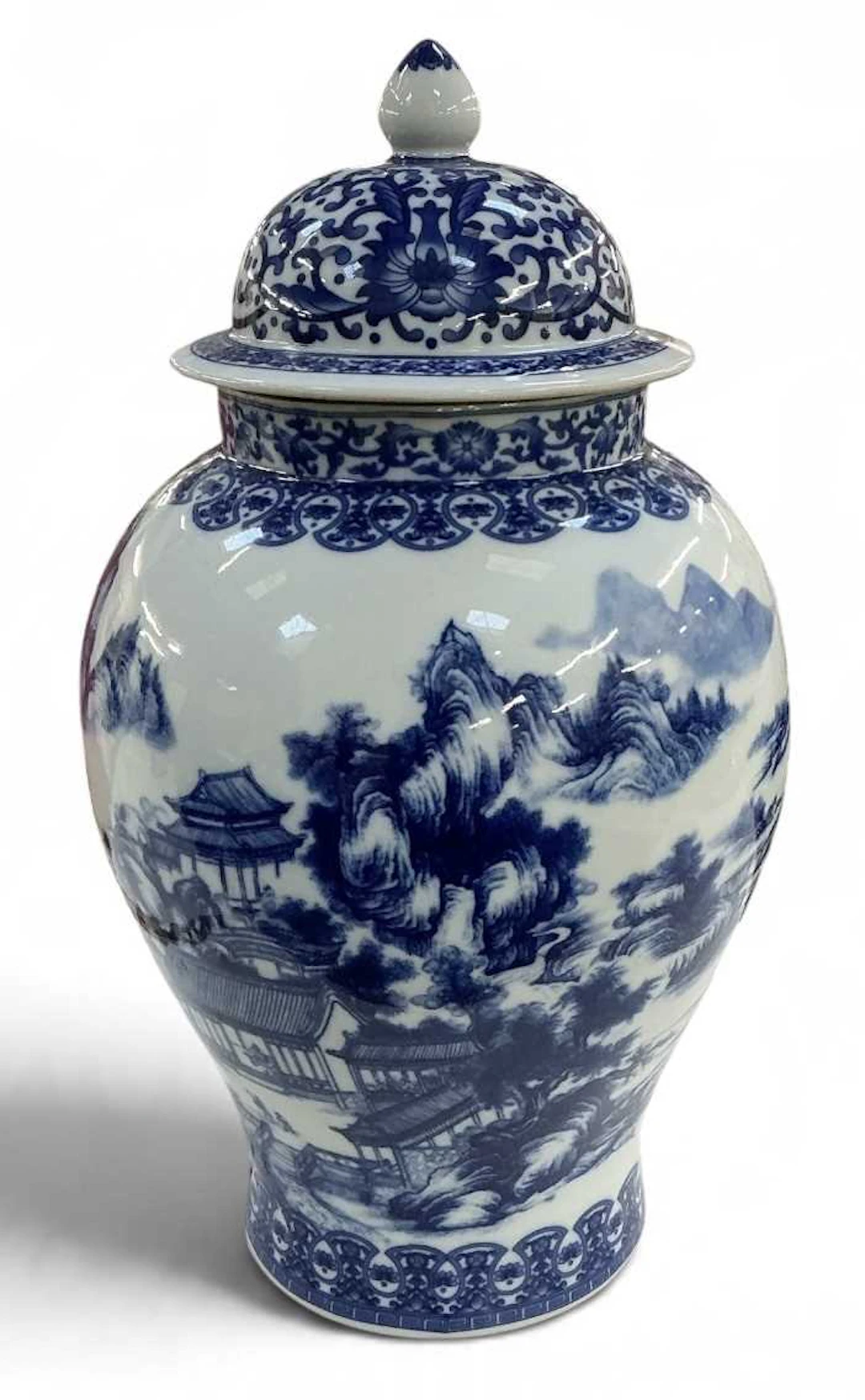 A large modern Chinese blue and white porcelain lidded temple jar