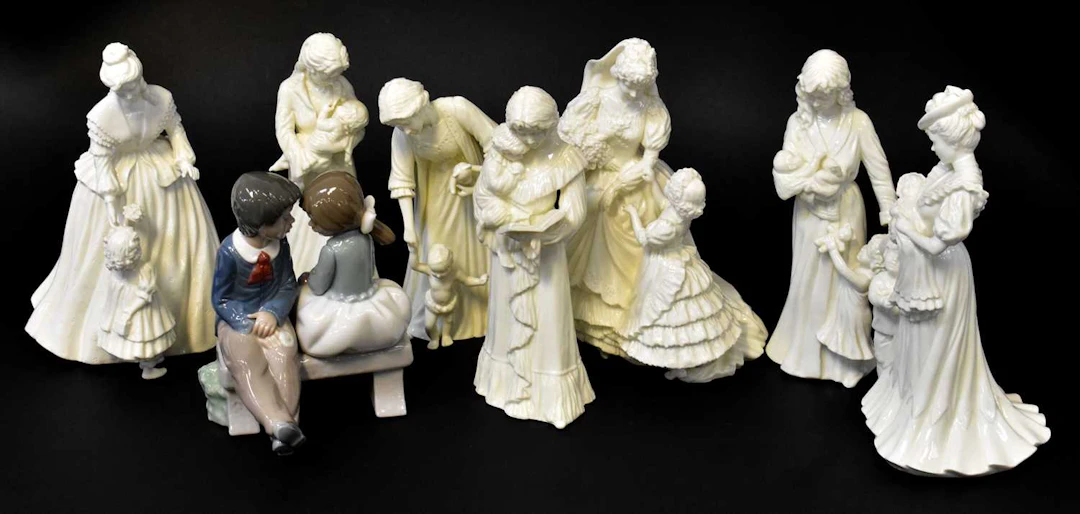 ROYAL WORCESTER; seven Compton & Woodhouse blanc de chine figures of young women