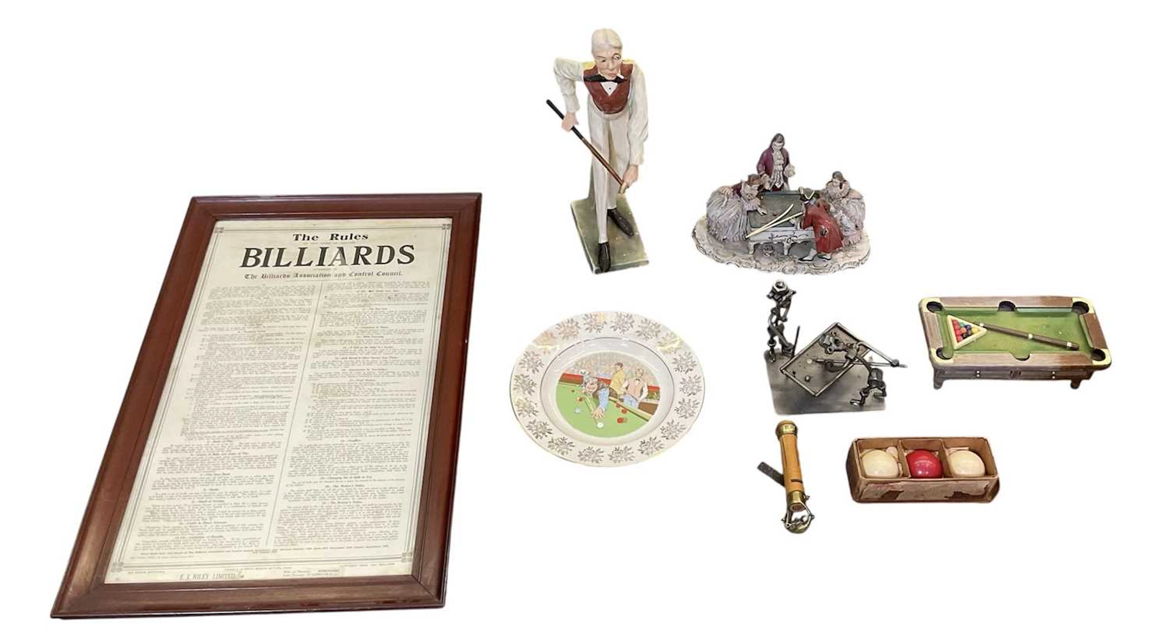 BILLIARDS INTEREST; a collection of billiards related items including a poster