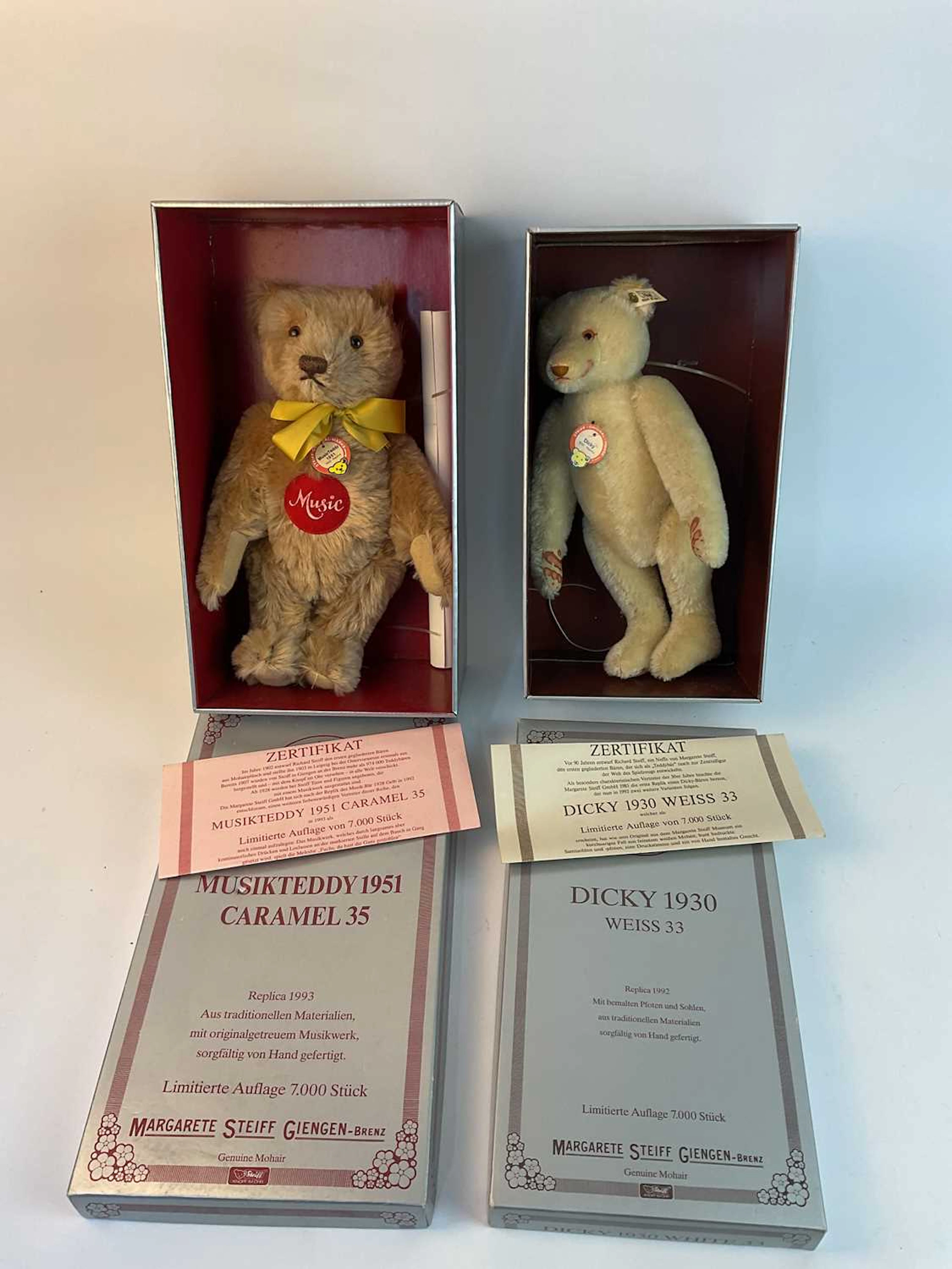 STEIFF; two replica boxed bears comprising Musikteddy 1951 and Dicky 1930