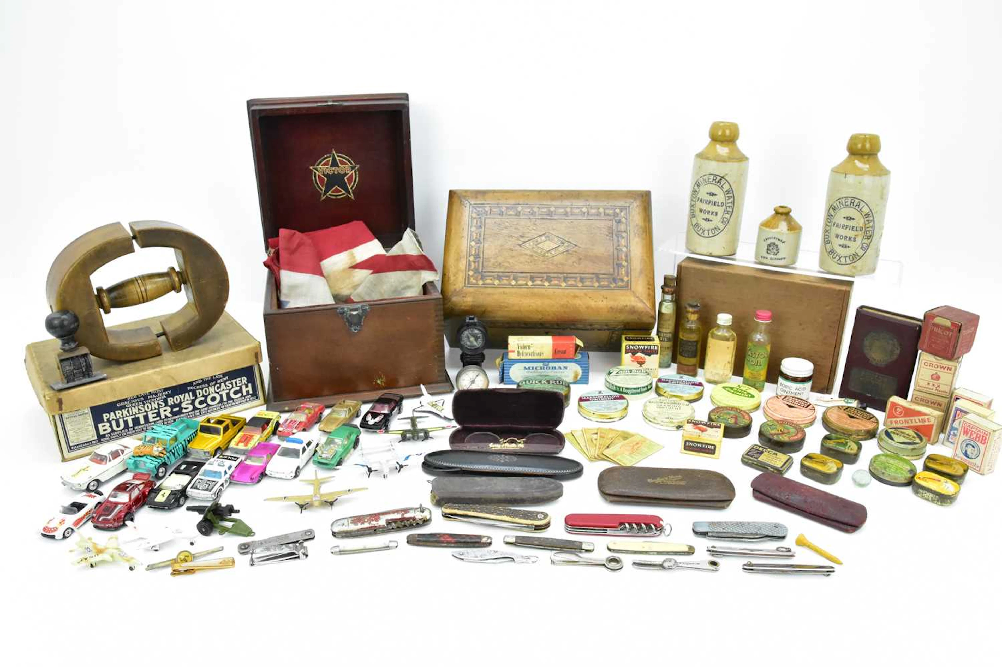 Various mixed collectibles including a vintage wooden hat stretcher