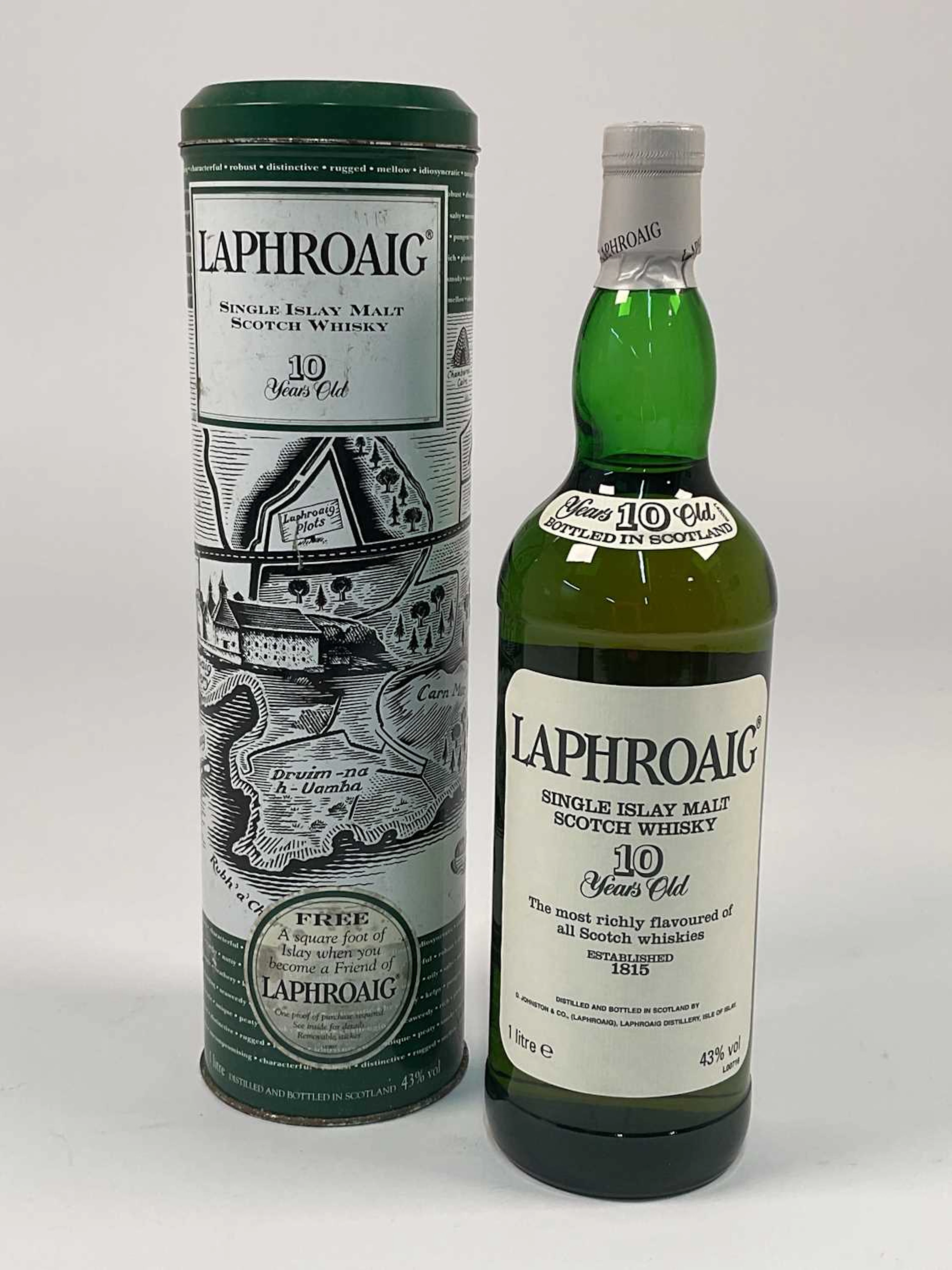 WHISKY; a bottle of Laphroaig 10 year old Scotch whisky