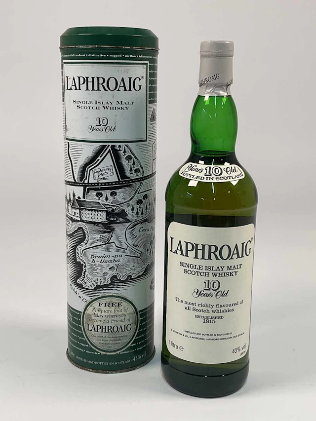 WHISKY; a bottle of Laphroaig 10 year old Scotch whisky