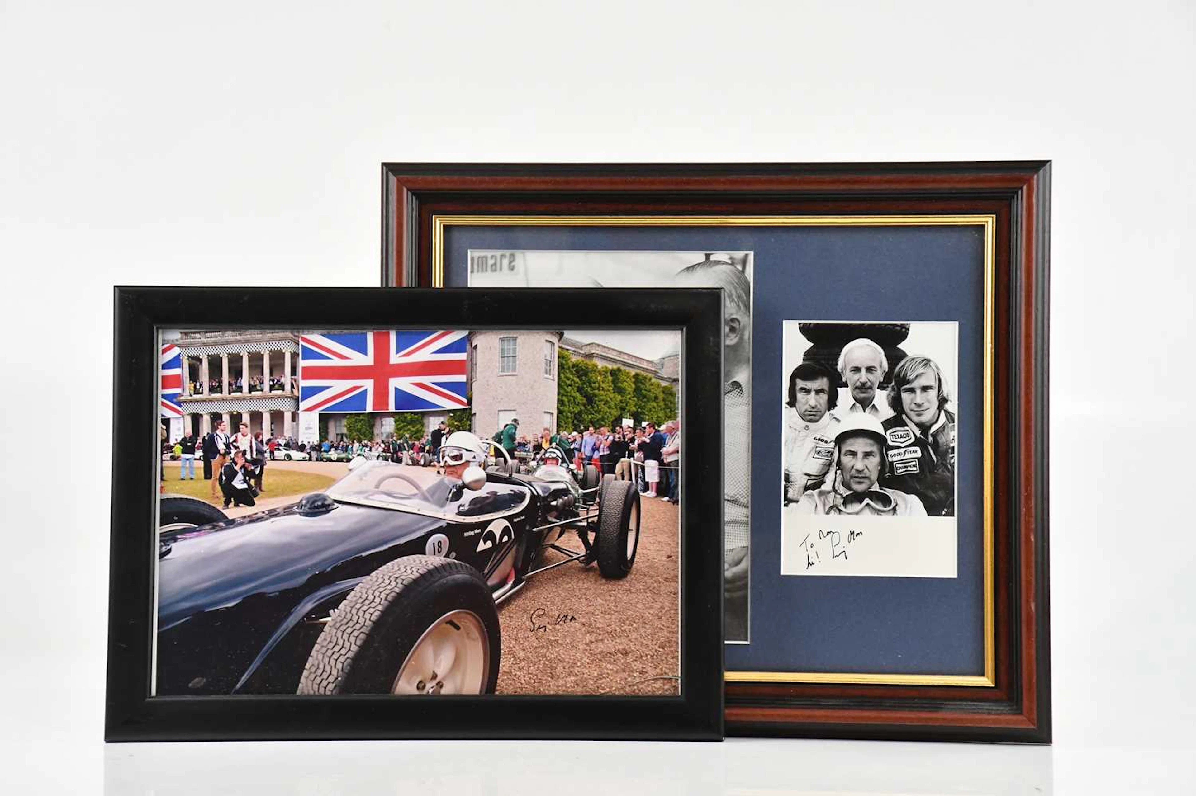 SIR STIRLING MOSS OBE; two signed photo images