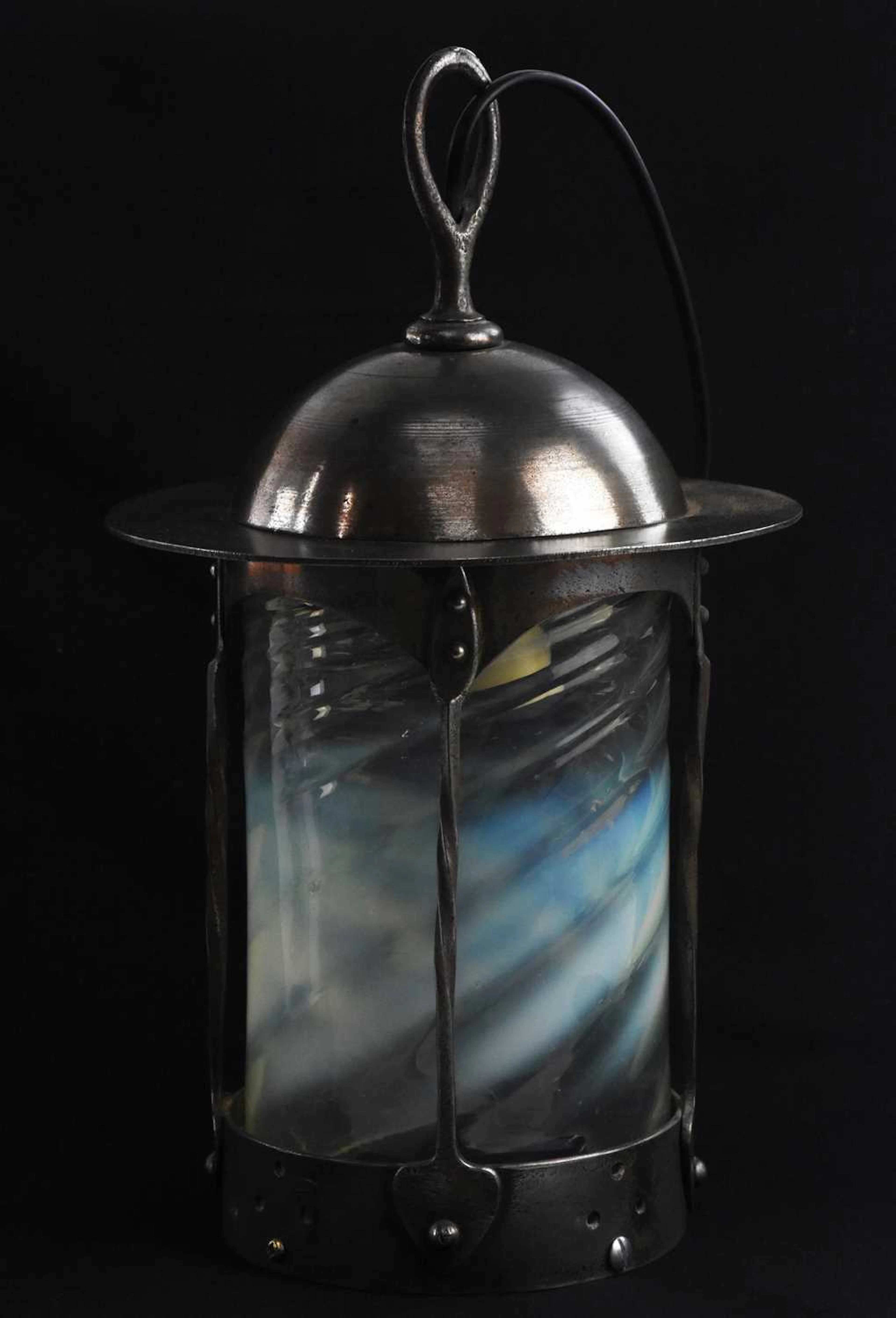 AMORITE; an Arts and Crafts cylindrical steel hall lantern