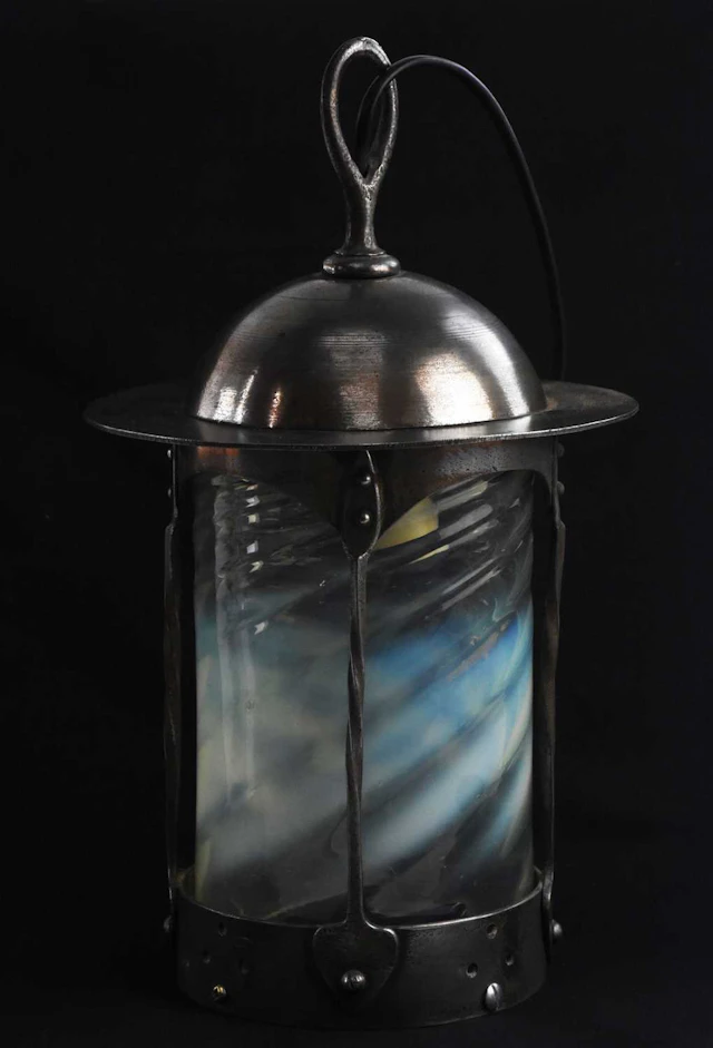 AMORITE; an Arts and Crafts cylindrical steel hall lantern