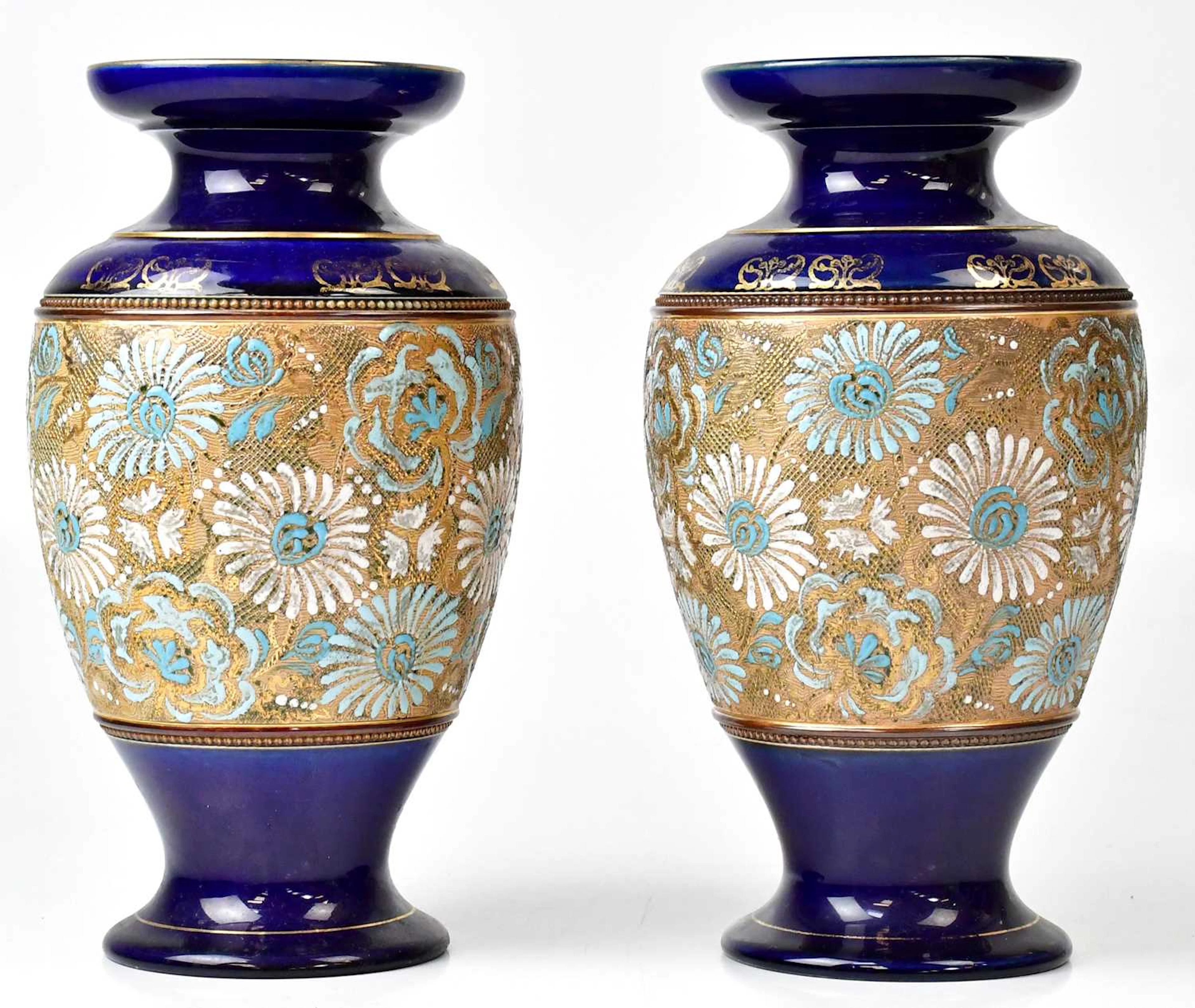 ROYAL DOULTON; a pair of Slaters patent Chine ware vases...