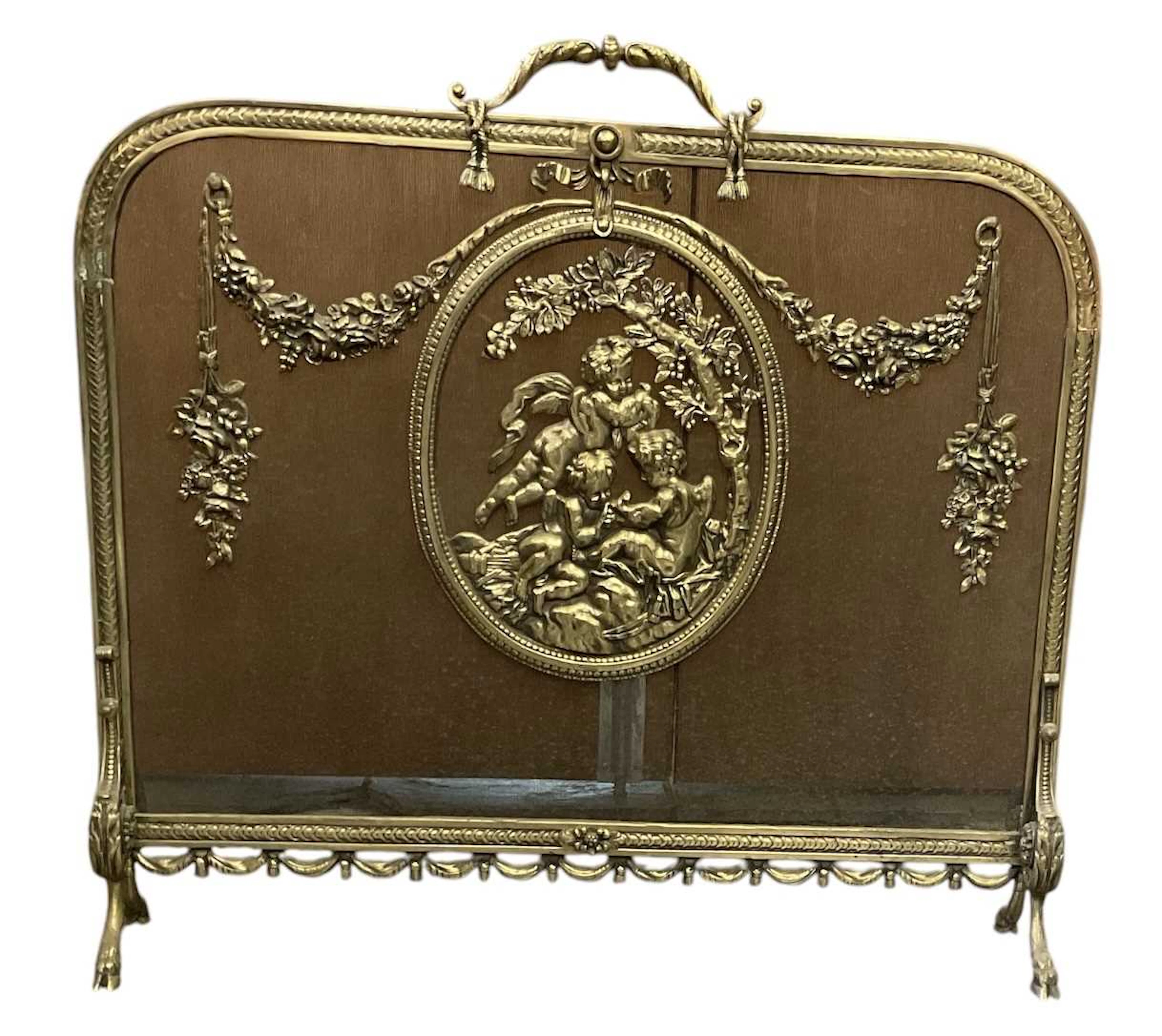 A reproduction French Empire style brass grille mesh firescreen