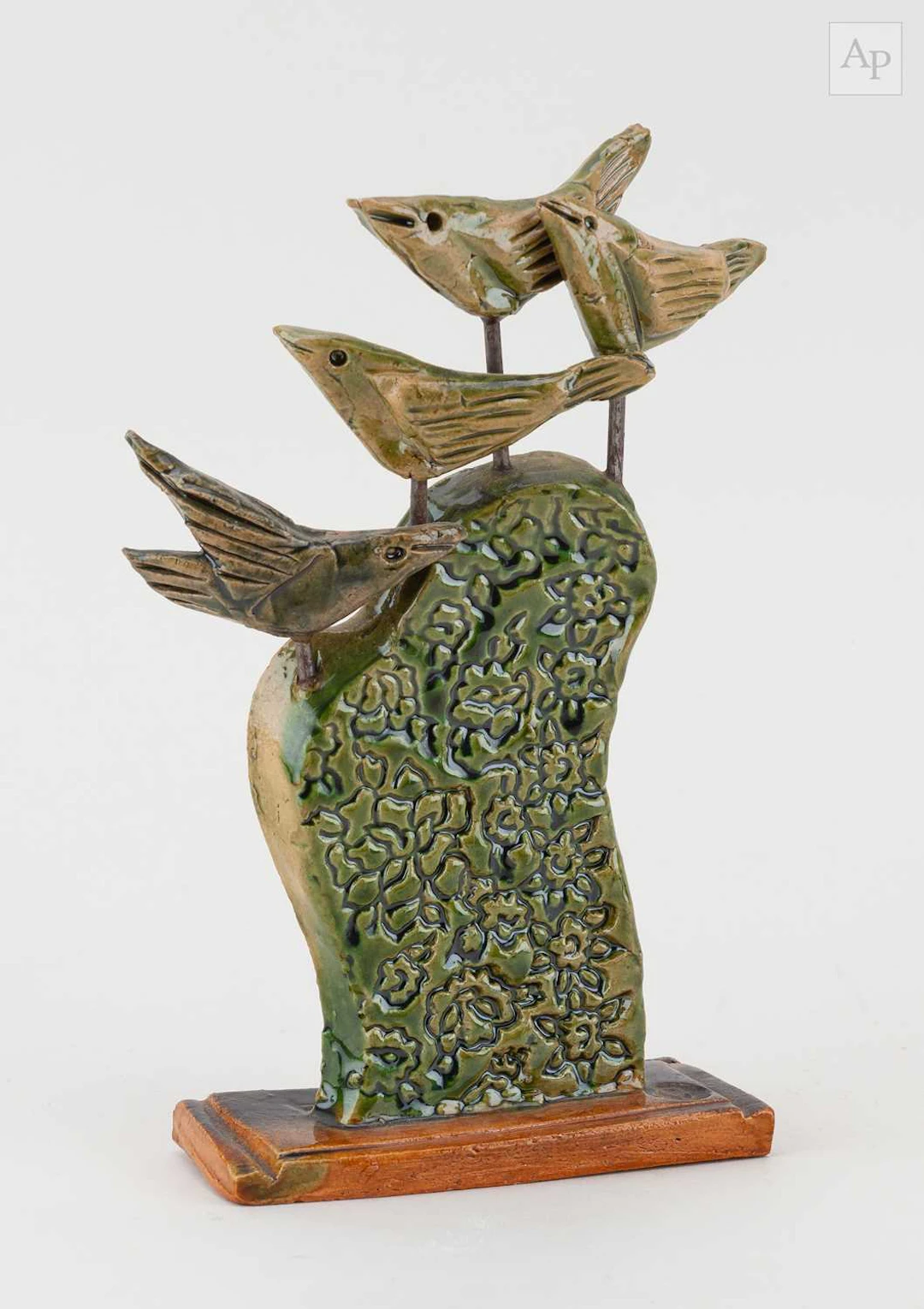 IAN GREGORY (1942-2021); a small salt glazed sculpture of birds on a rock