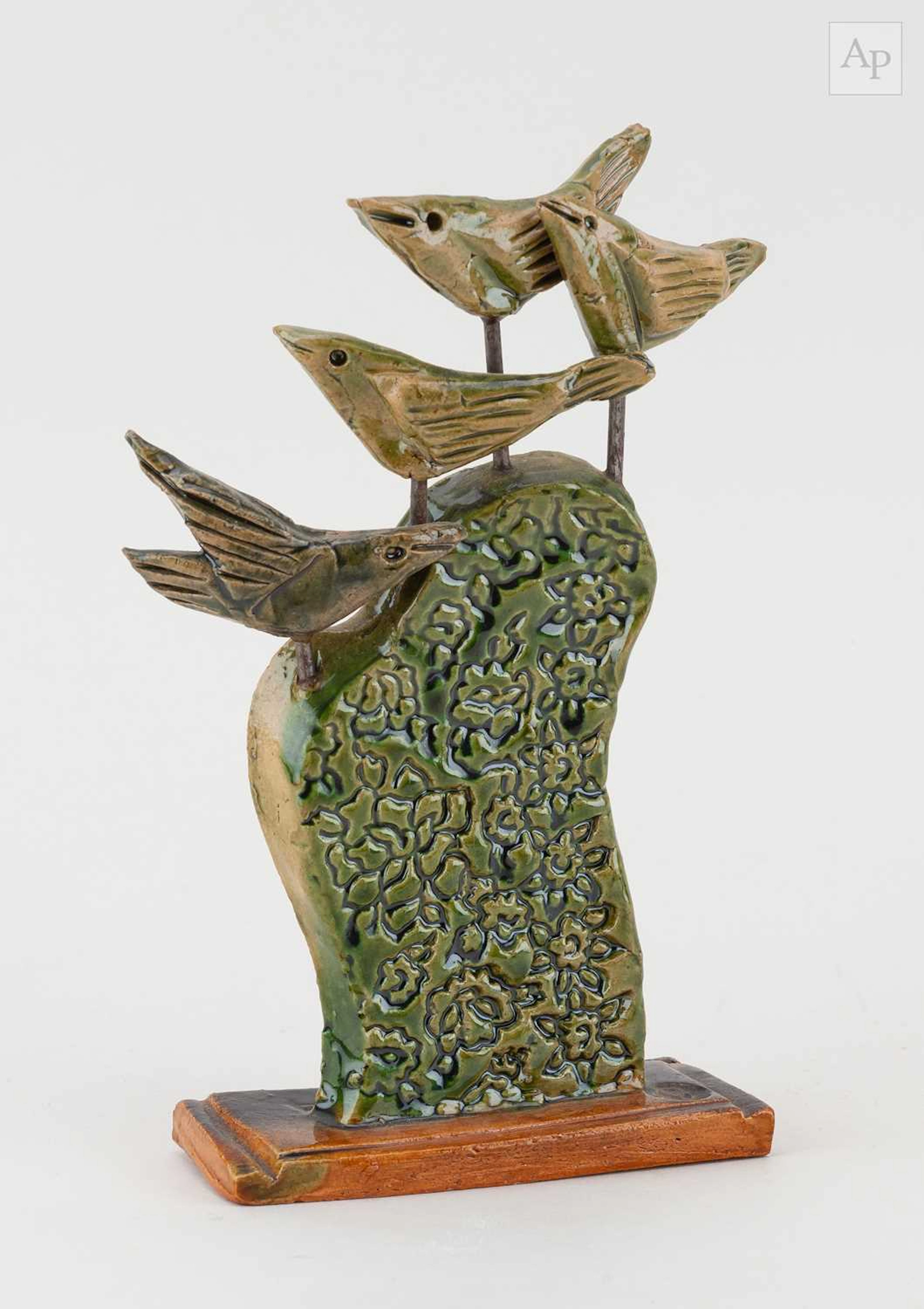 IAN GREGORY (1942-2021); a small salt glazed sculpture of birds on a rock