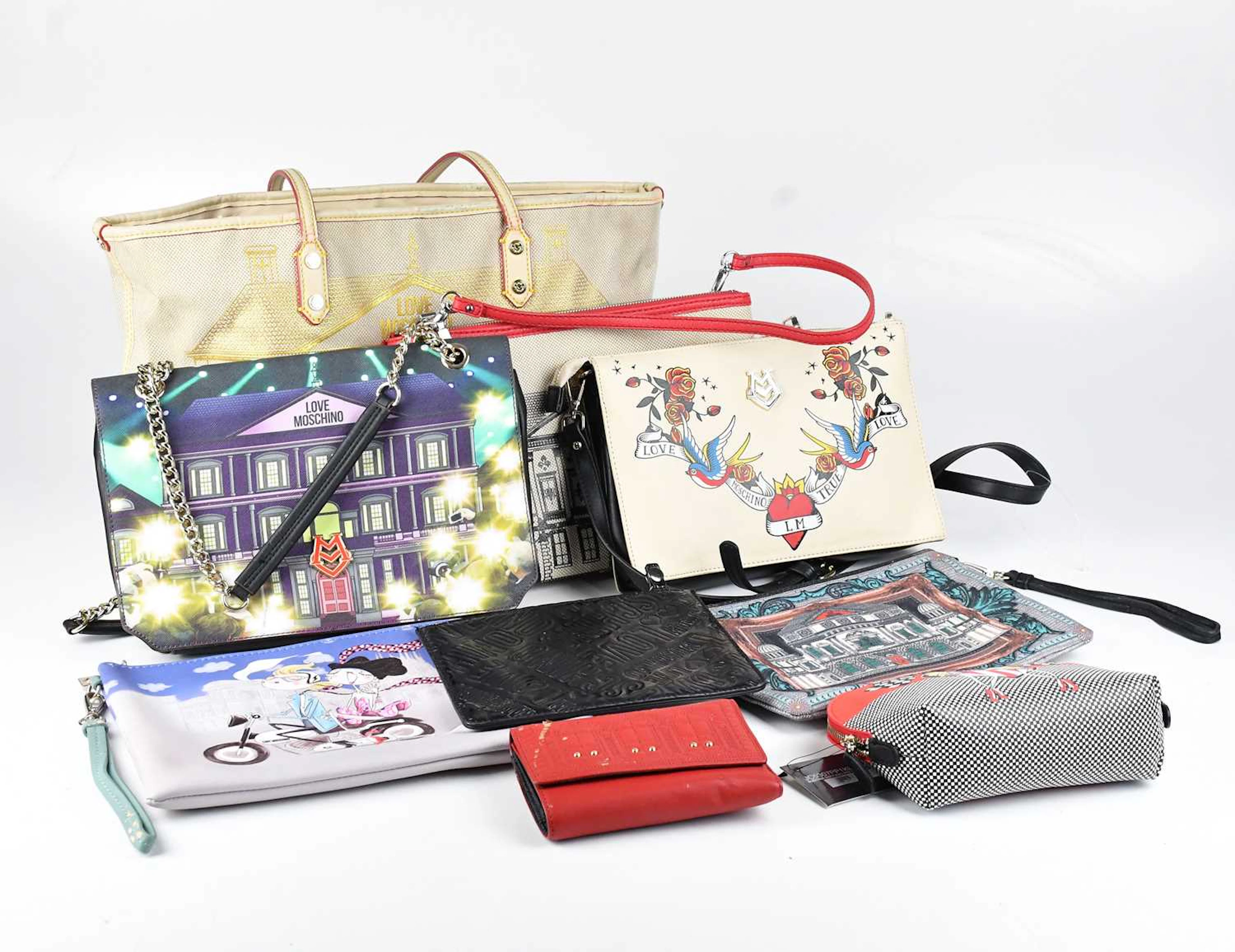 MOSCHINO; a large structured canvas tote bag depicting a gold palazzo scene