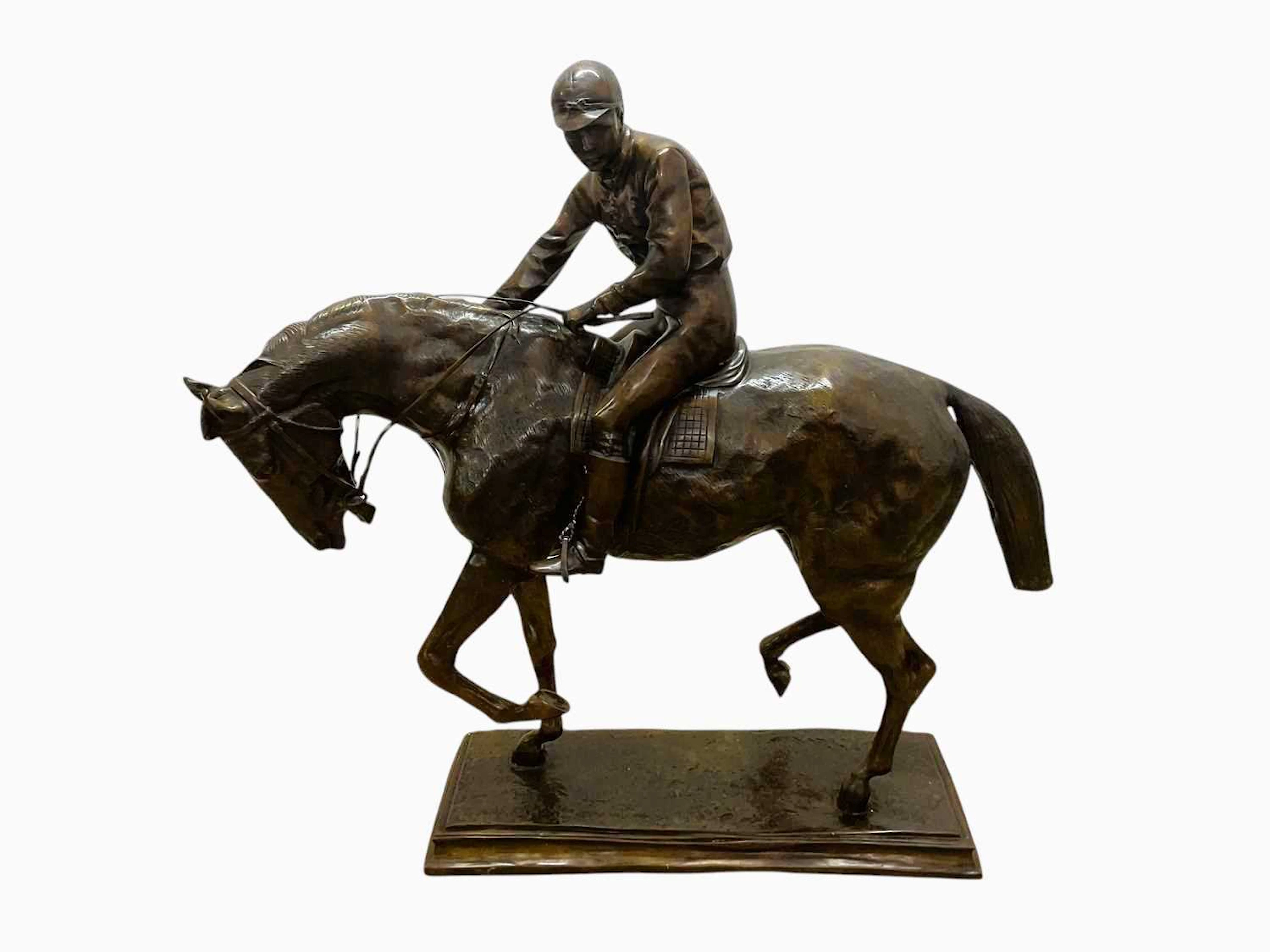 AFTER ISIDORE BONHEUR; a late 20th century large bronze race horse and jockey