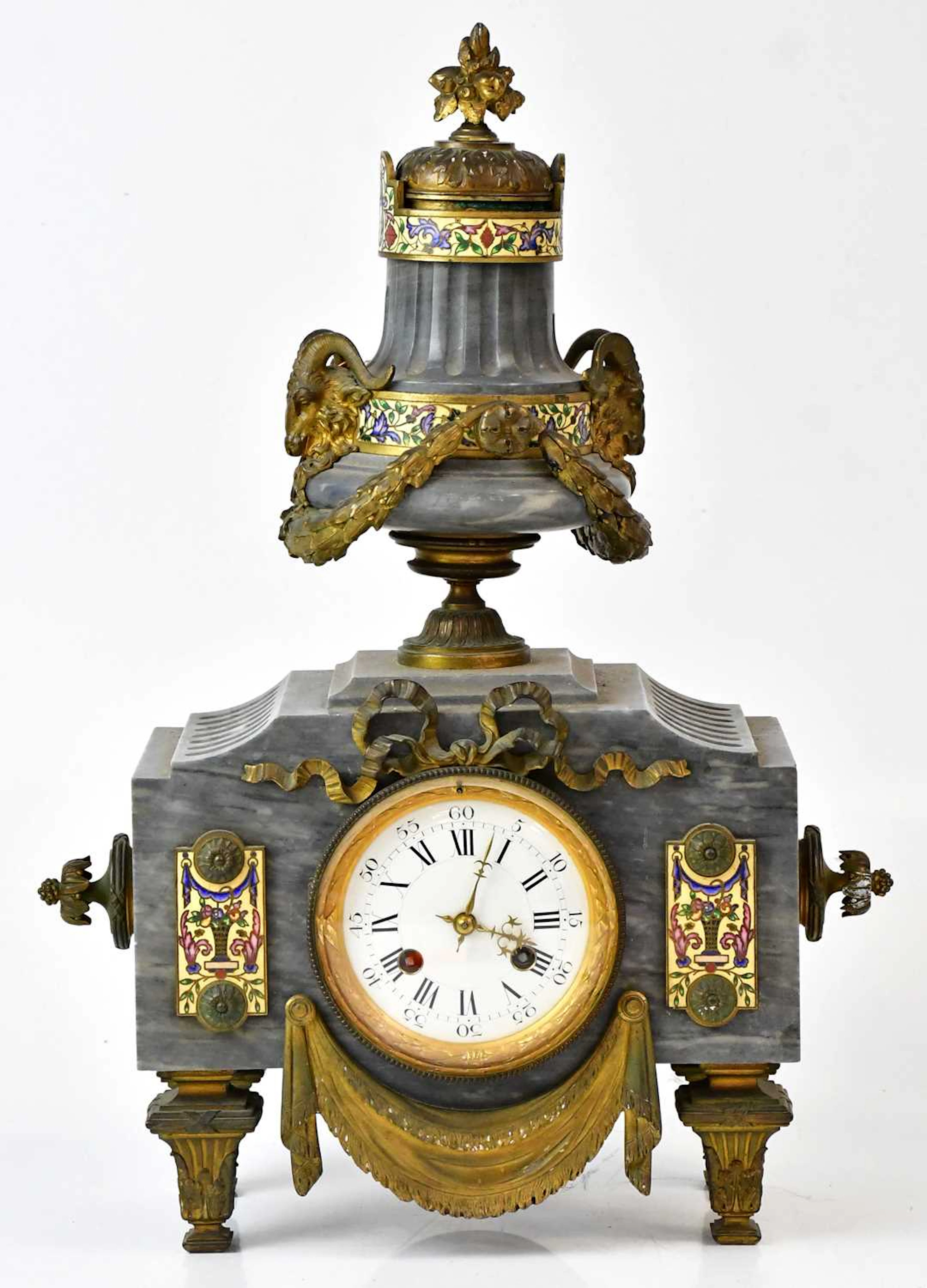 A 19th century French grey marble mantel clock surmounted...