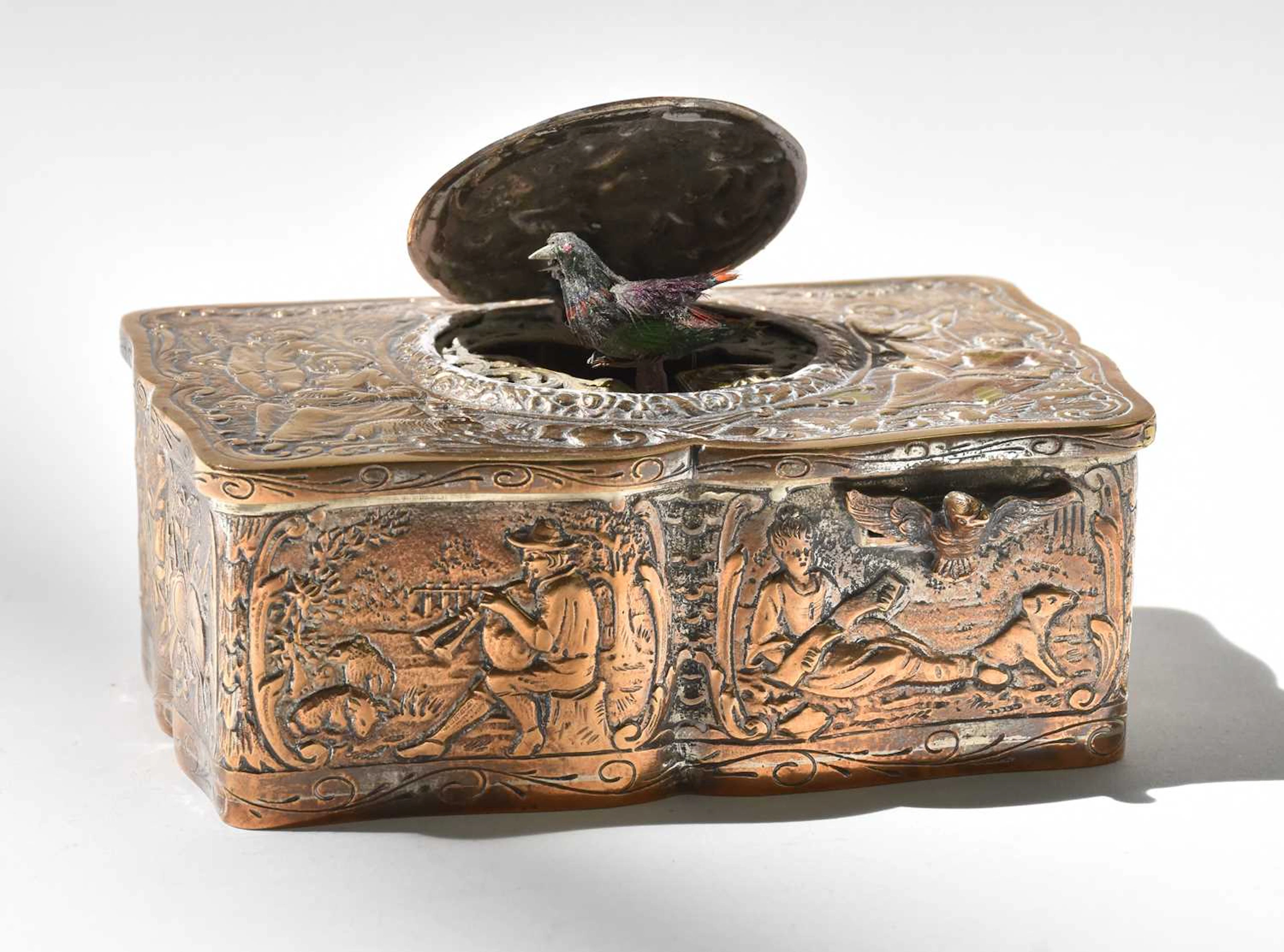 An early to mid 20th century silver plated automaton musical bird box