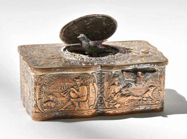 An early to mid 20th century silver plated automaton musical bird box