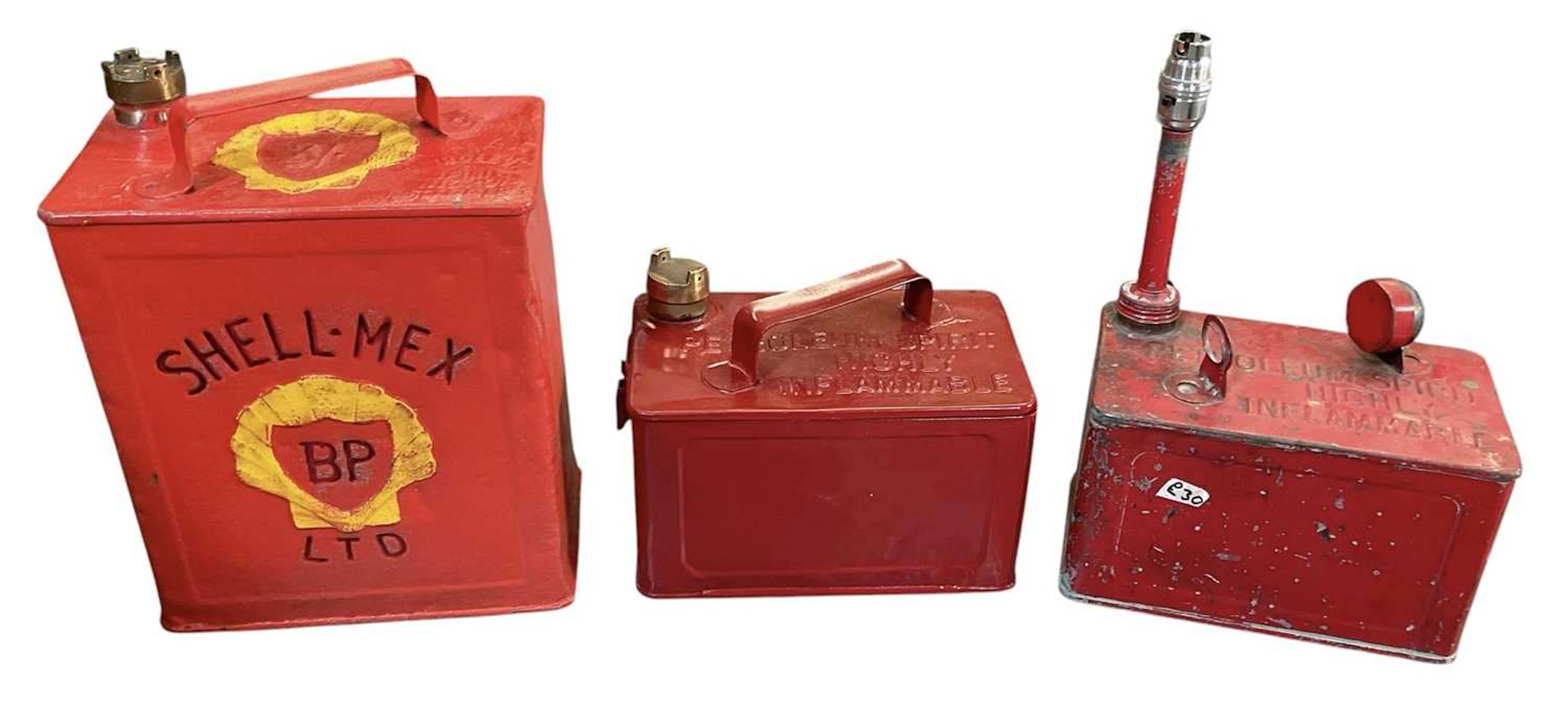 Three assorted vintage painted tinplate oil cans