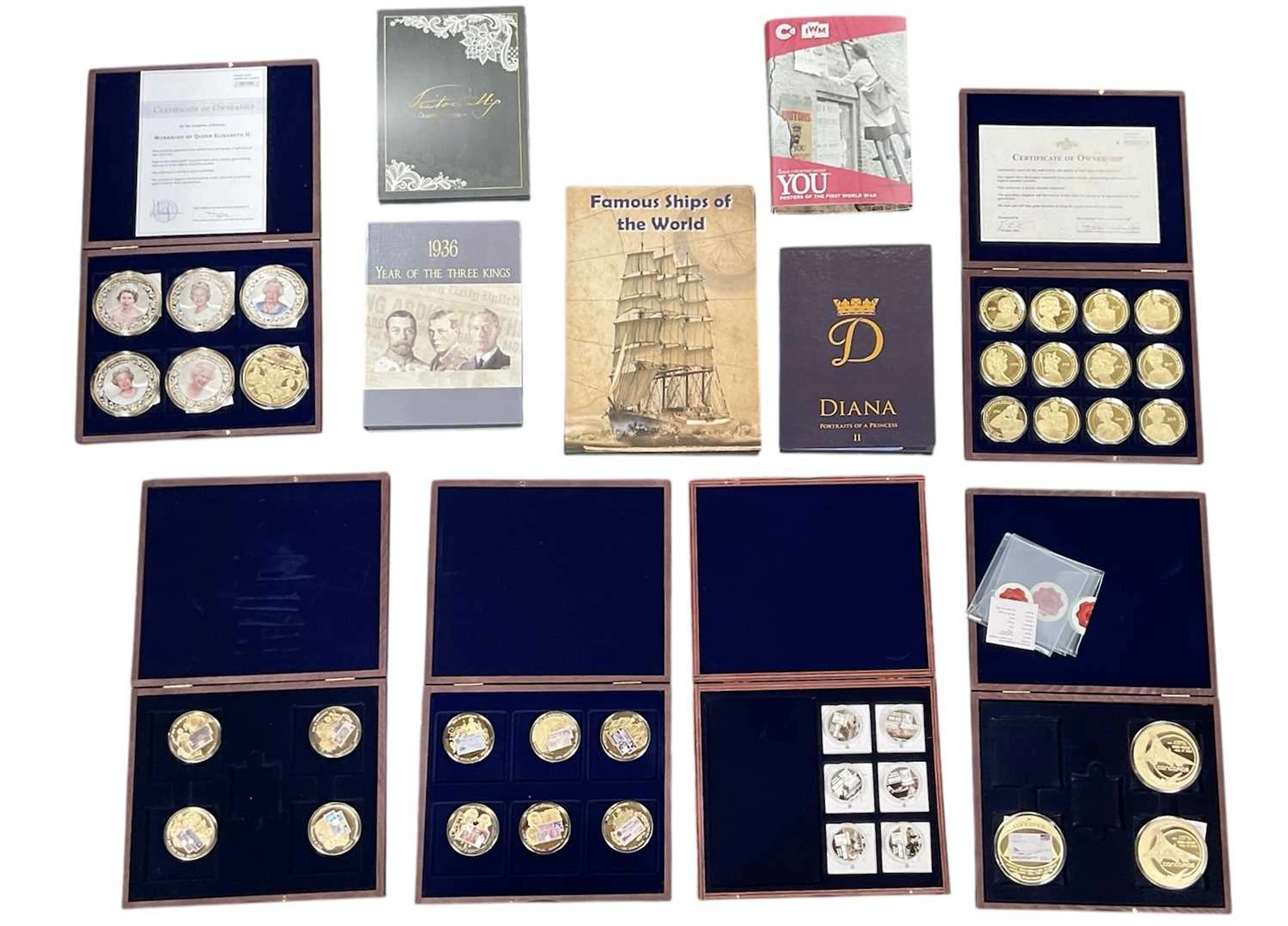 Eleven cased coin sets and coin packs comprising Famous...