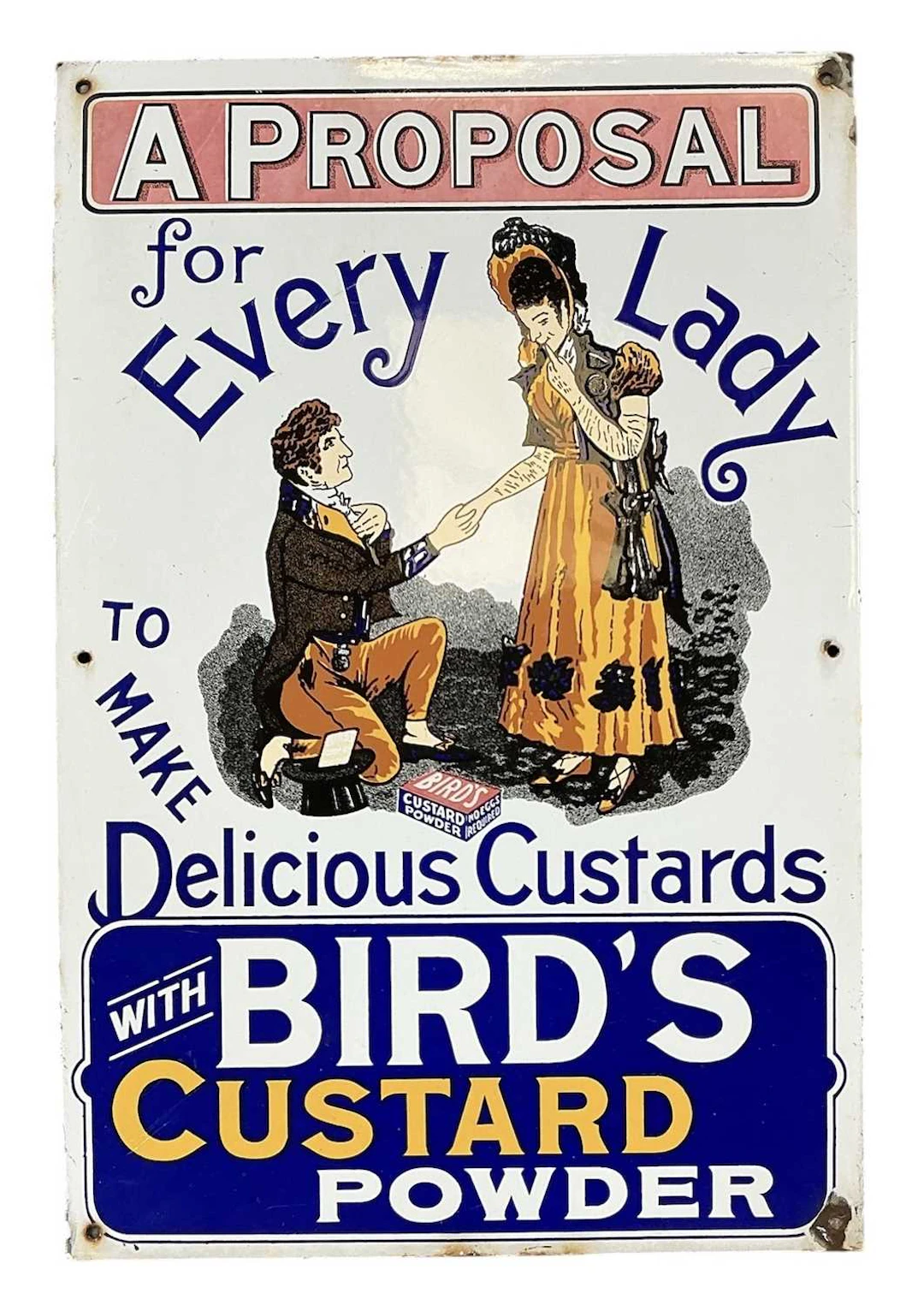 A reproduction enamelled advertising sign for Bird's Custard Powder