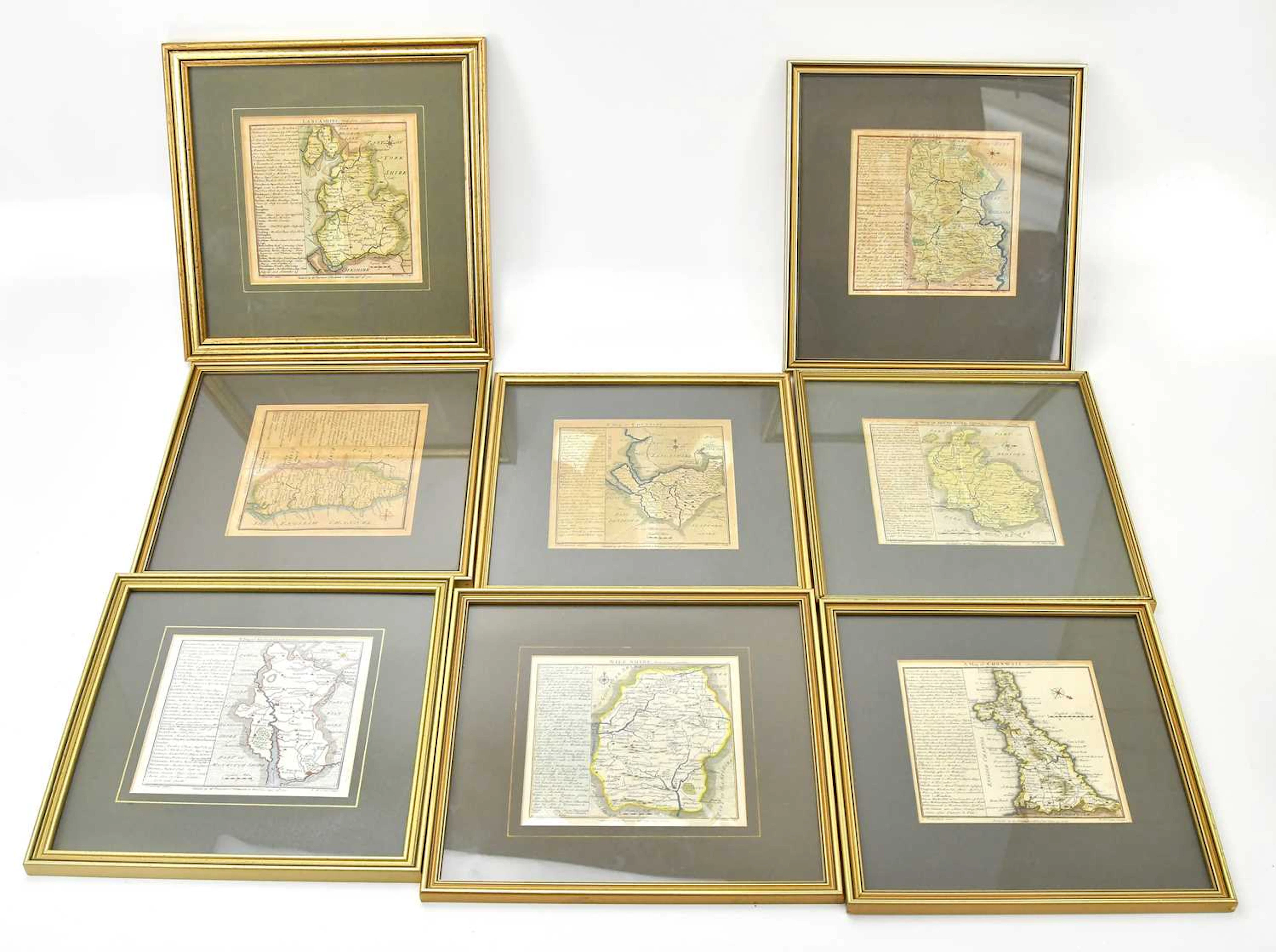 A collection of eight 18th century hand coloured road maps