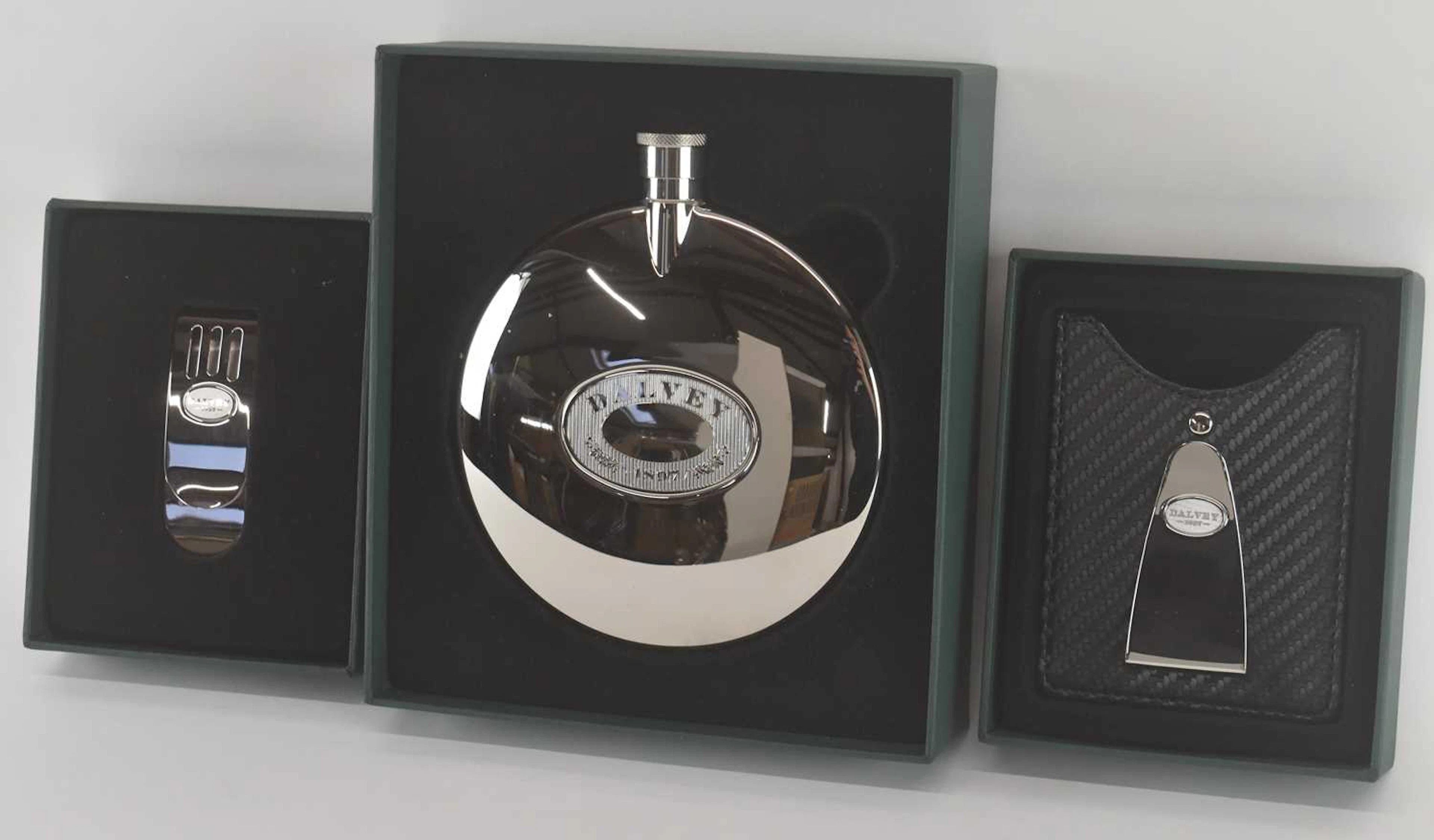 DALVEY; a boxed stainless steel hip flask