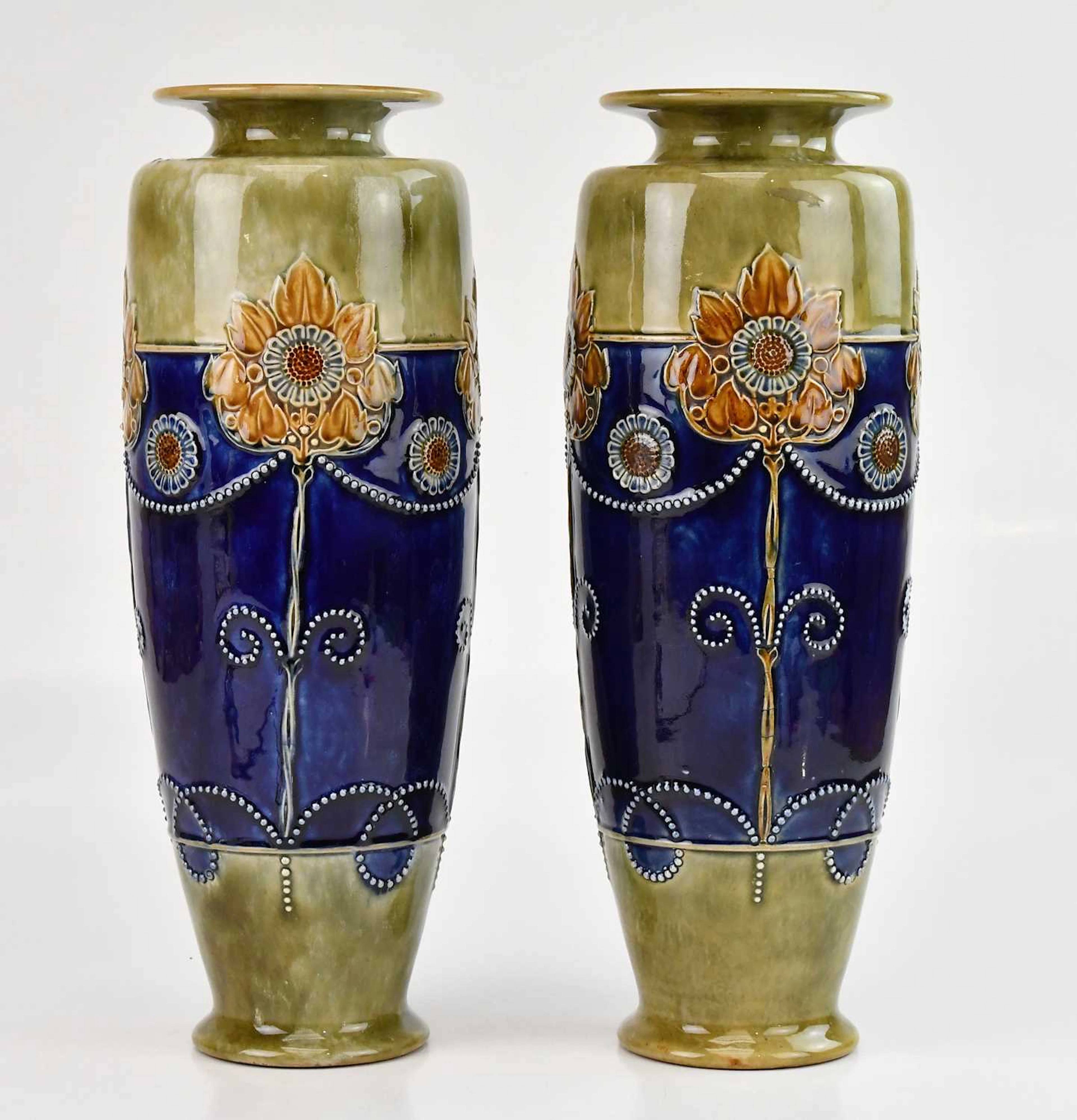 ROYAL DOULTON; a pair of large and impressive Arts and Crafts vases