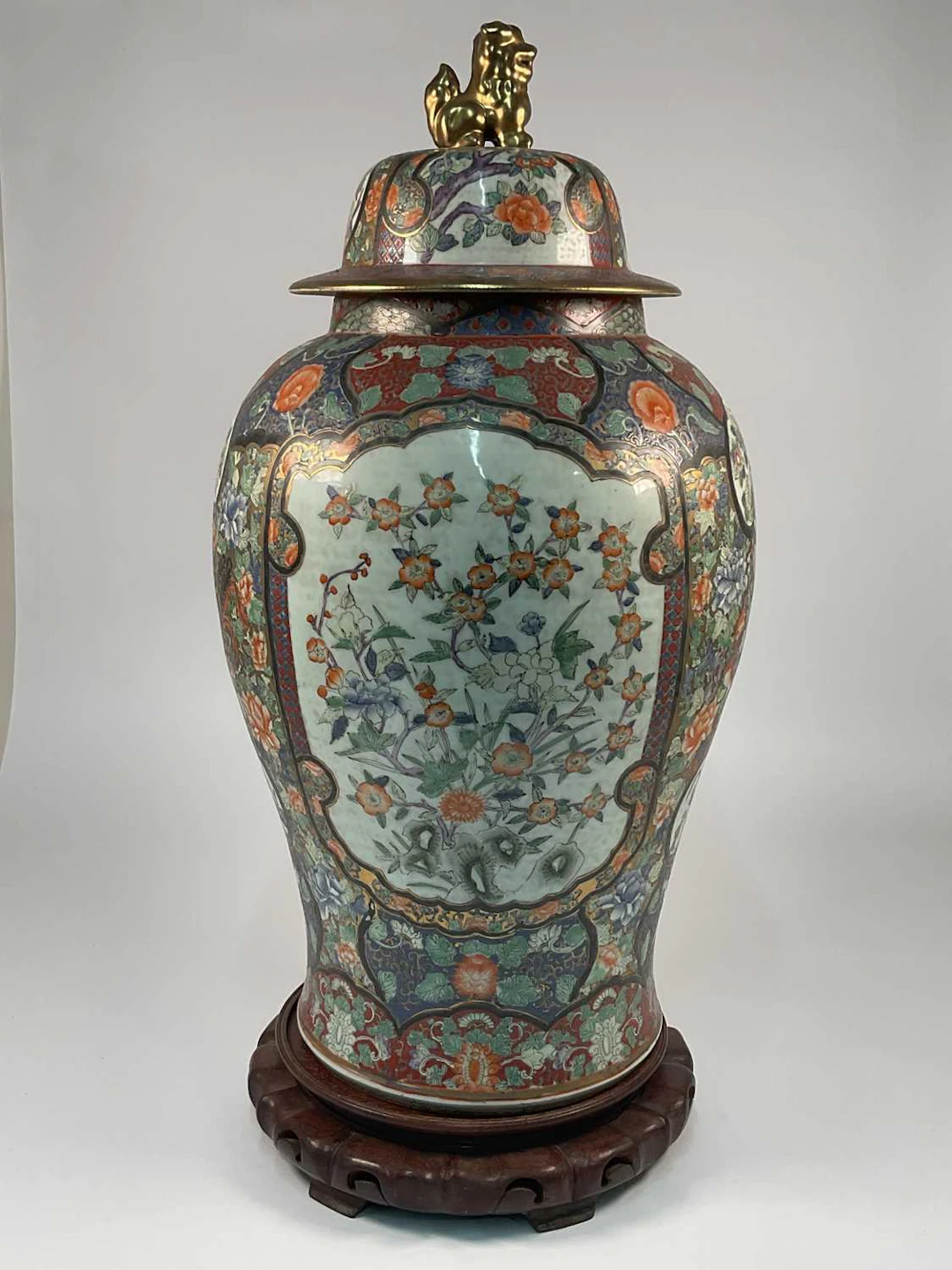 A Japanese large Imari style ceramic lidded temple jar...
