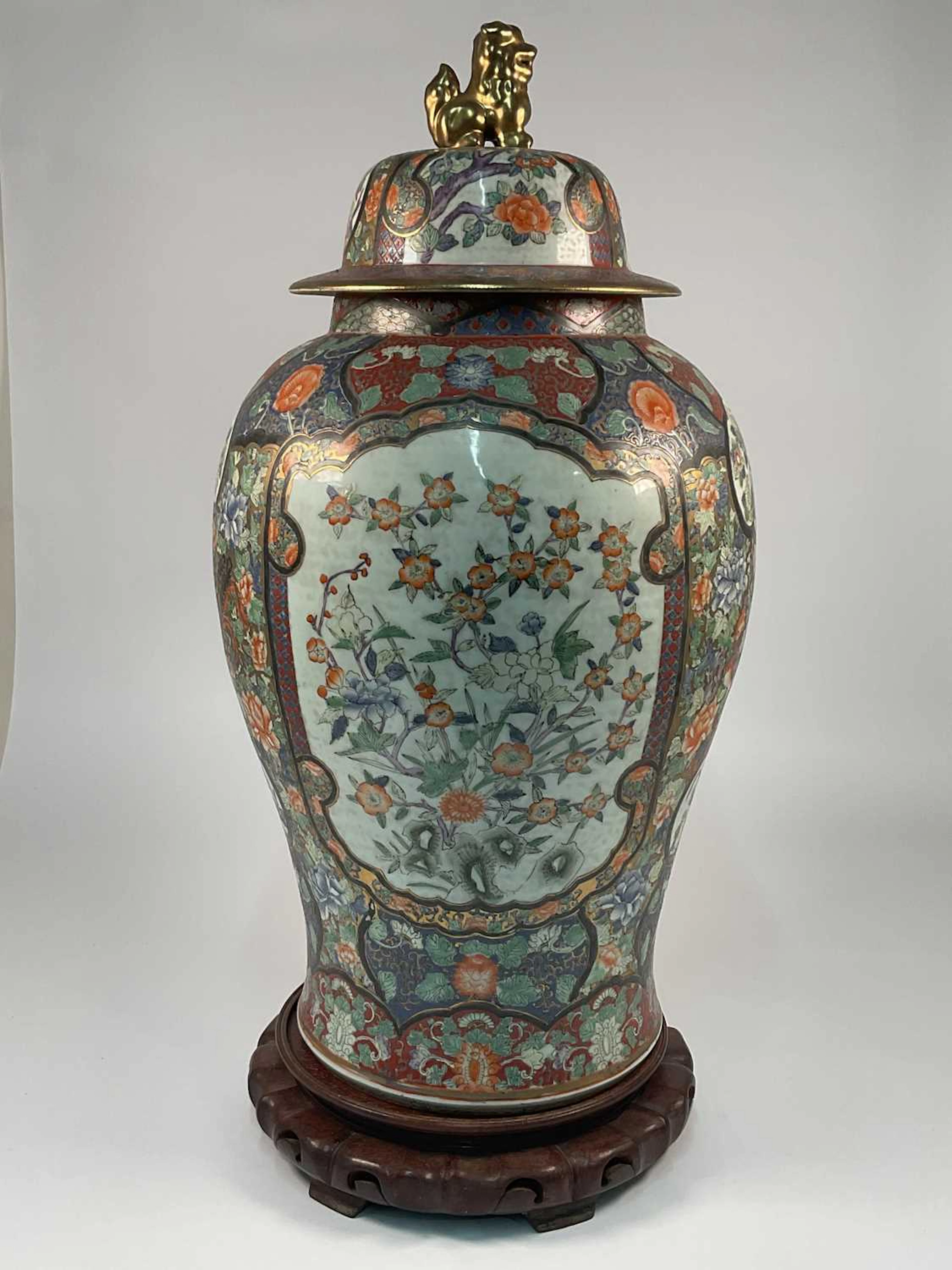 A Japanese large Imari style ceramic lidded temple jar...