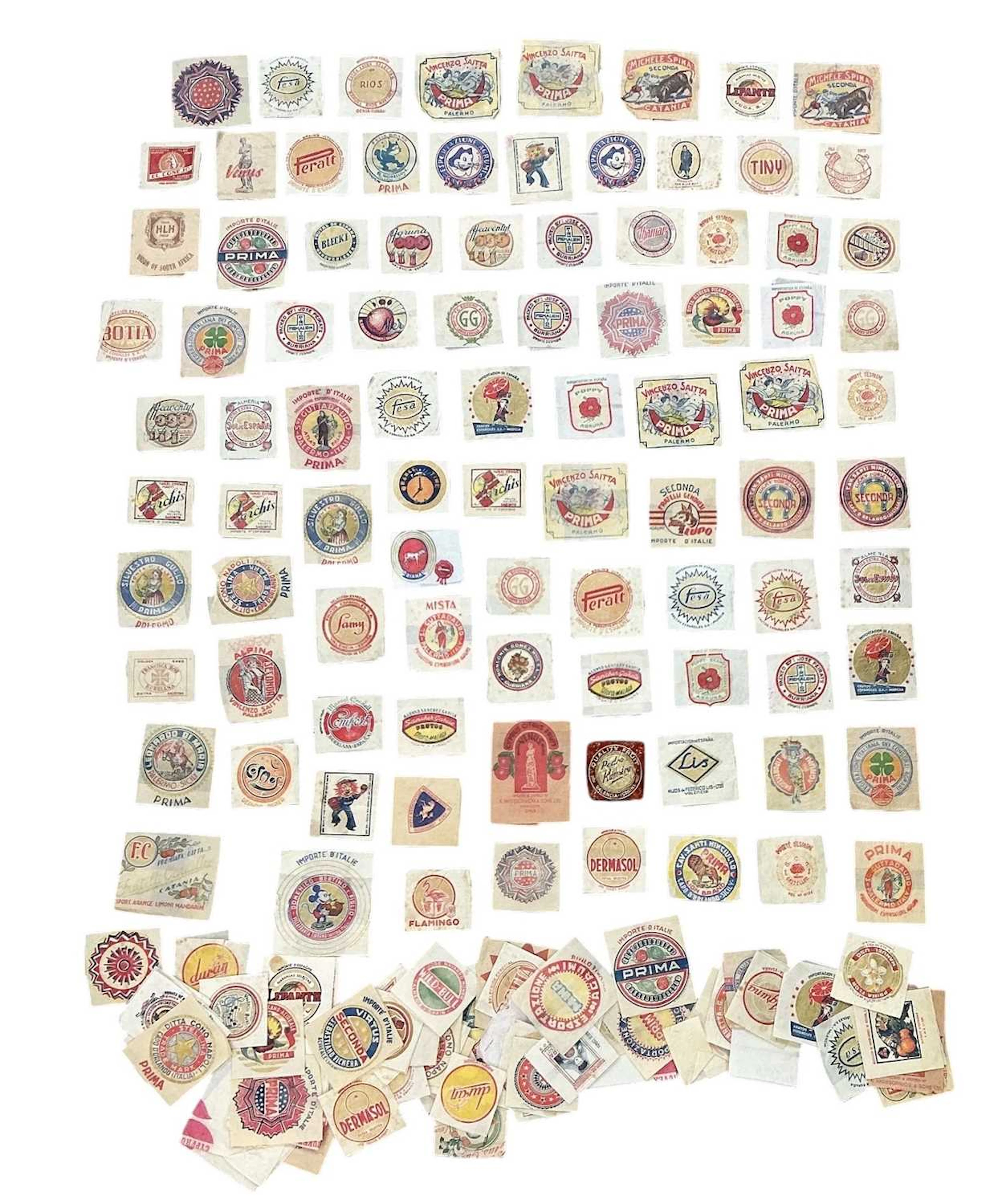 A collection of 1930s and later fruit and orange wrappers including Mickey Mouse