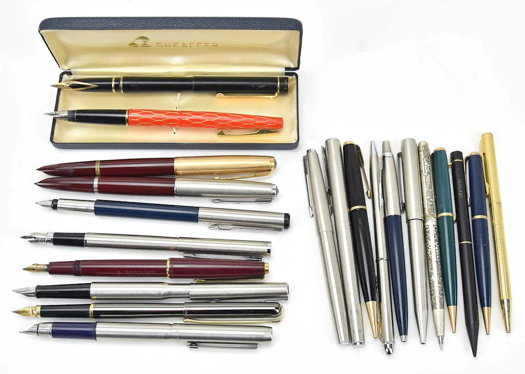 A large collection of fountain and ballpoint pens