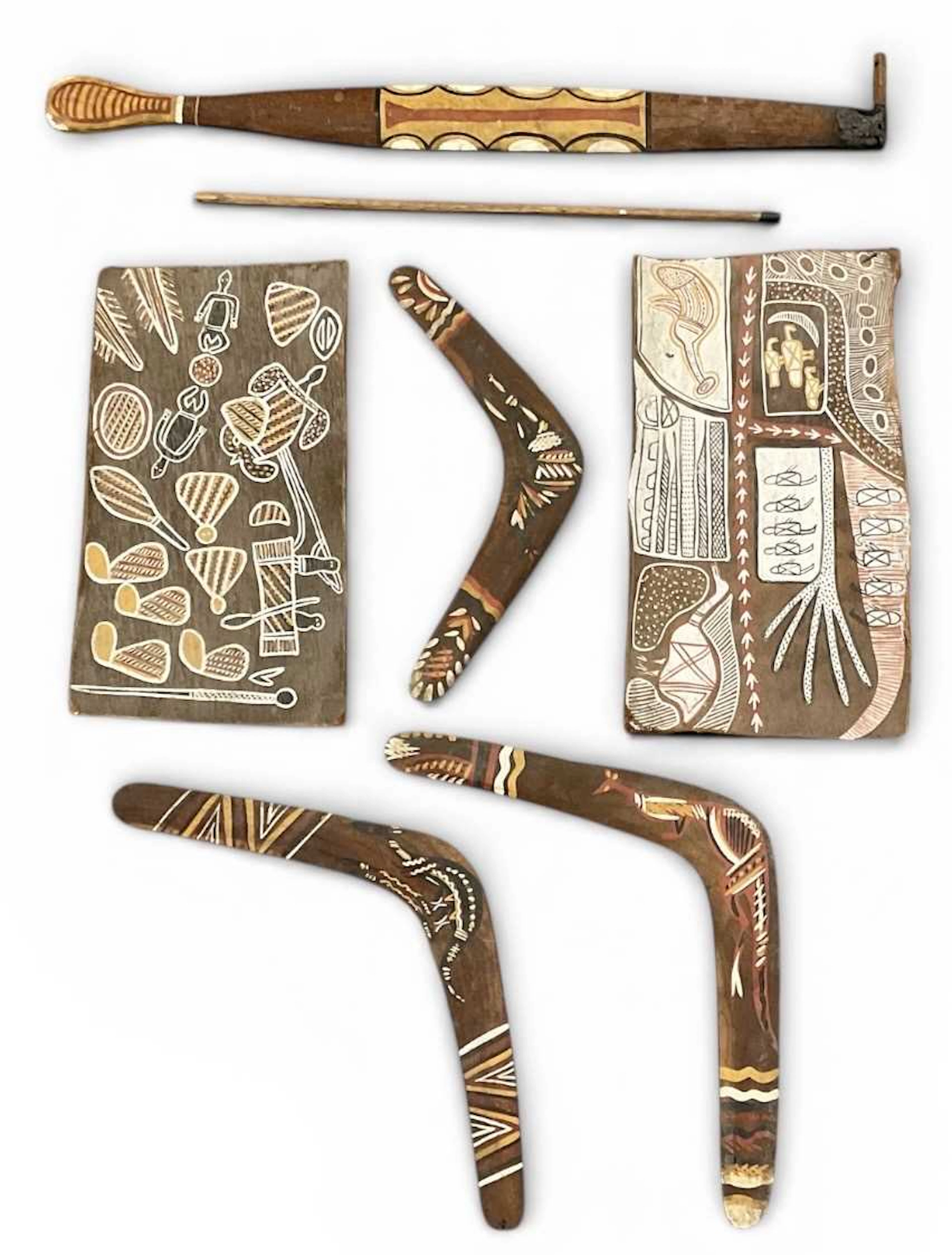 QUEENSLAND ABORIGINAL CREATIONS; three hand painted wooden boomerangs