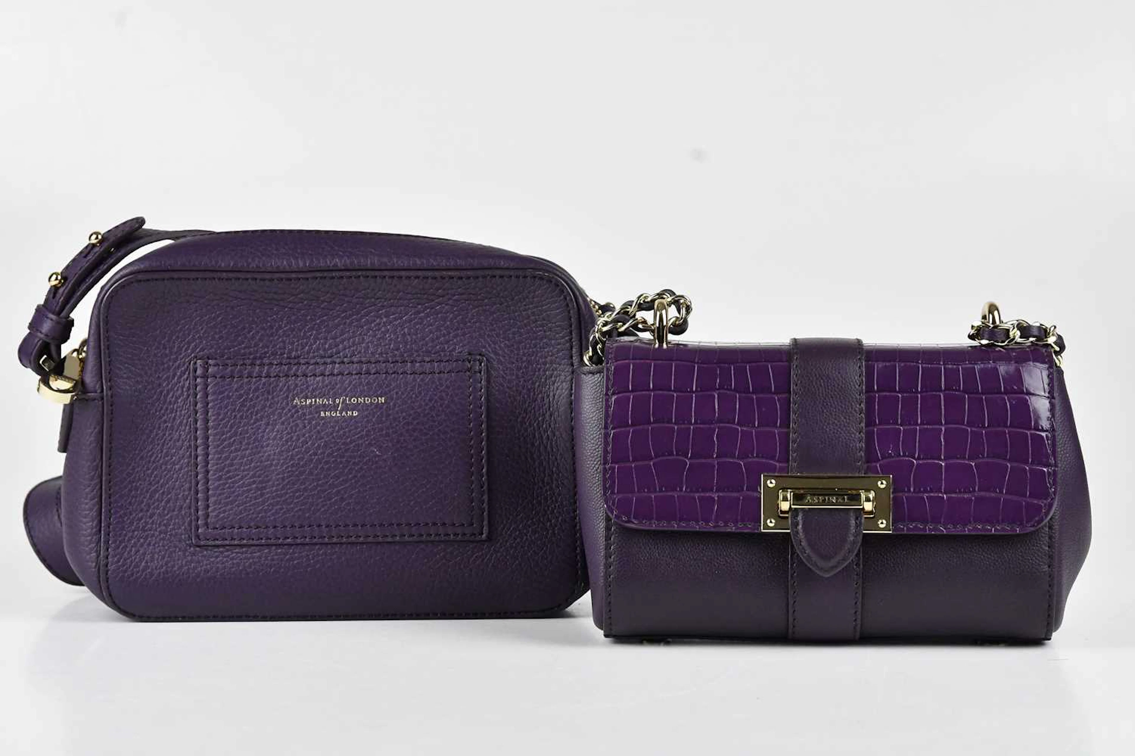 ASPINAL; an amethyst leather and embossed crocodile Mini Micro Lottie handbag