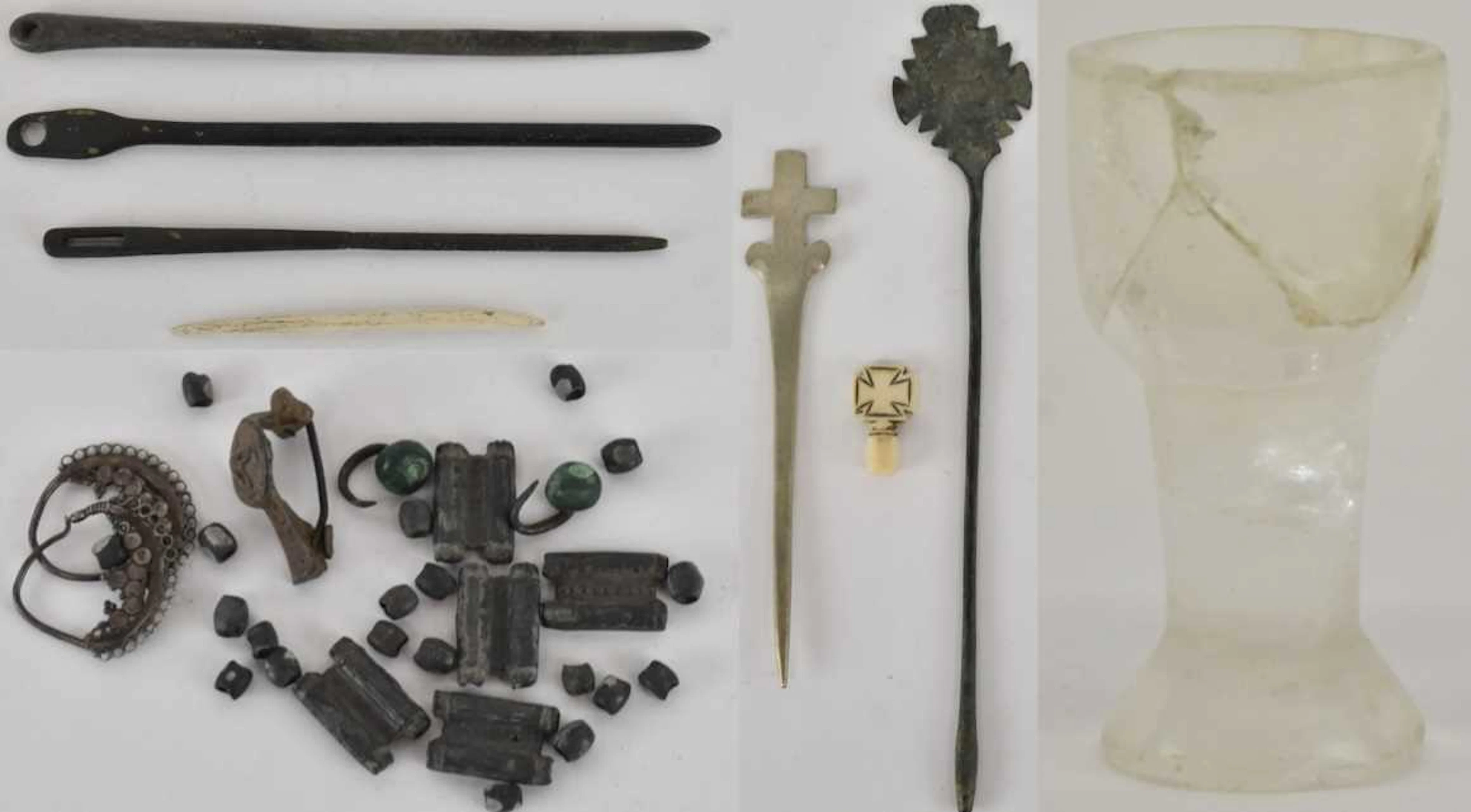 Four ancient Byzantine knitting needles including silver knitting needle