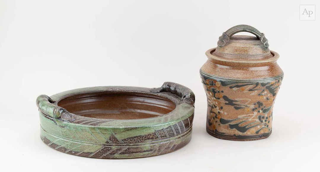 JANE HAMLYN (born 1940); a large salt glazed twin handled dish