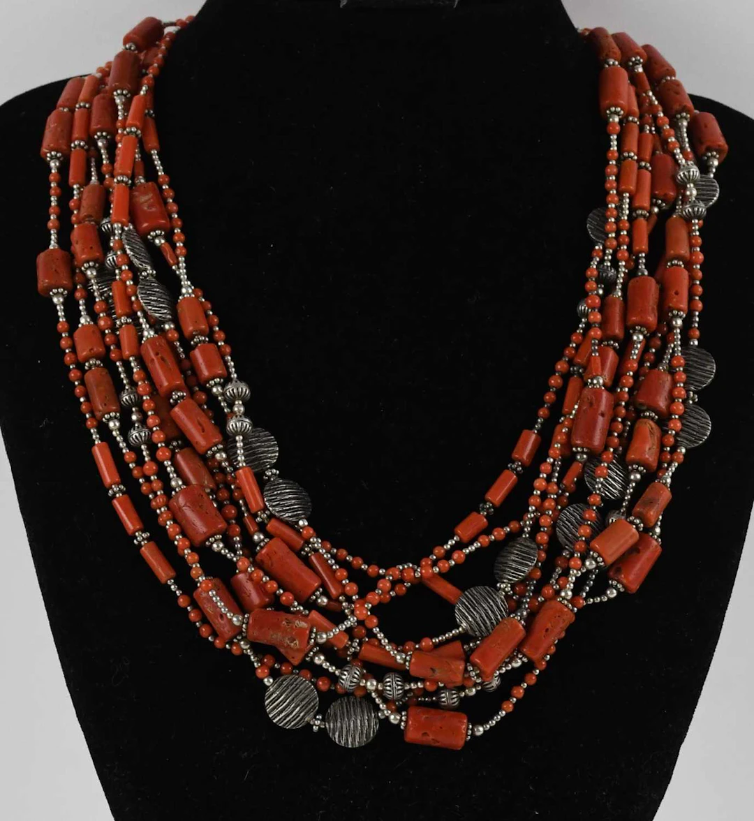 An African multistrand coral and 925 silver bead necklace