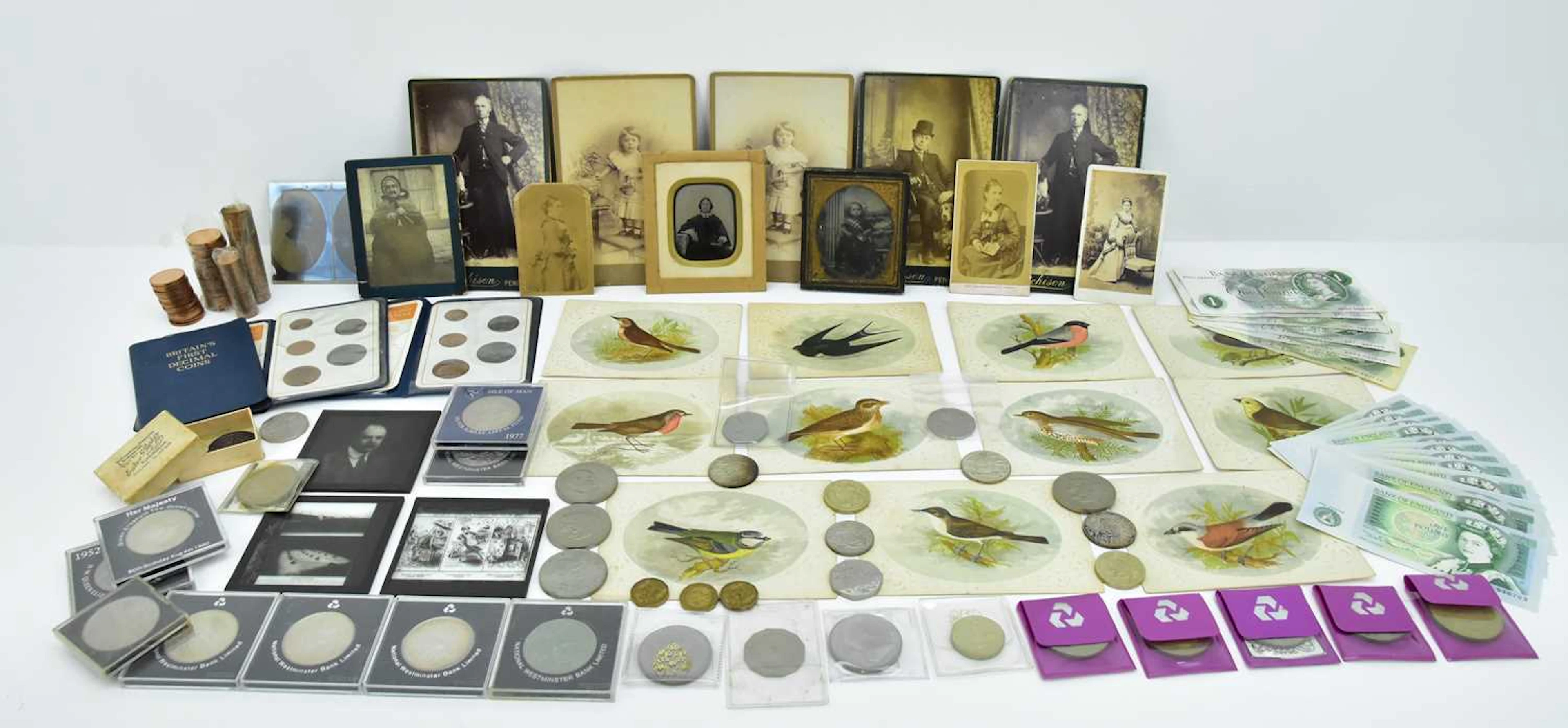 Various collectables including 19th century photographs and tinplate images