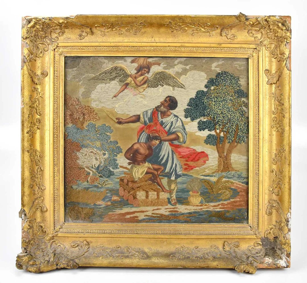 A 19th century silk tapestry 'Sacrifice of Isaac' 43 x 46cm