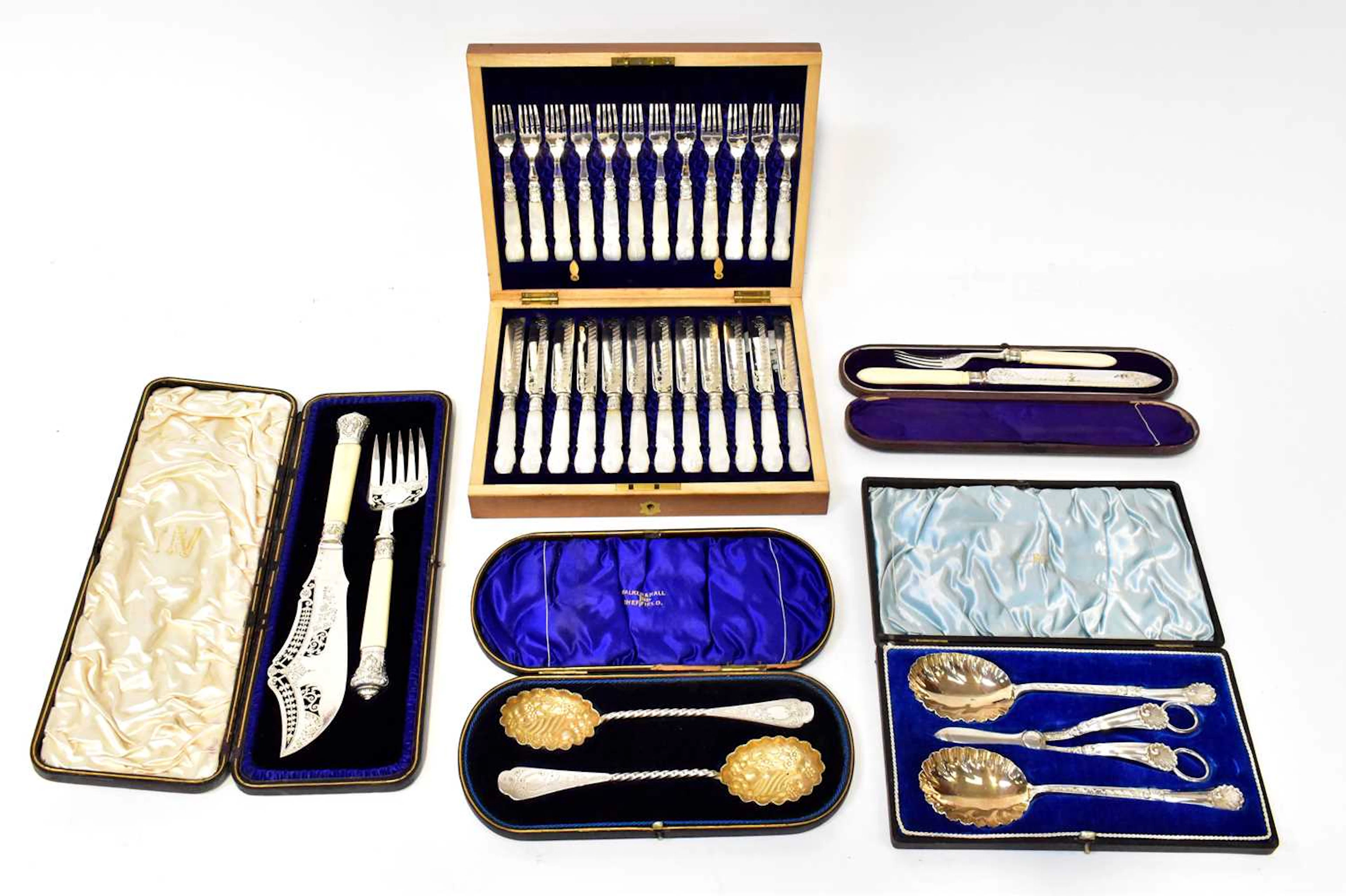 Five cased sets of silver-plated cutlery including an...