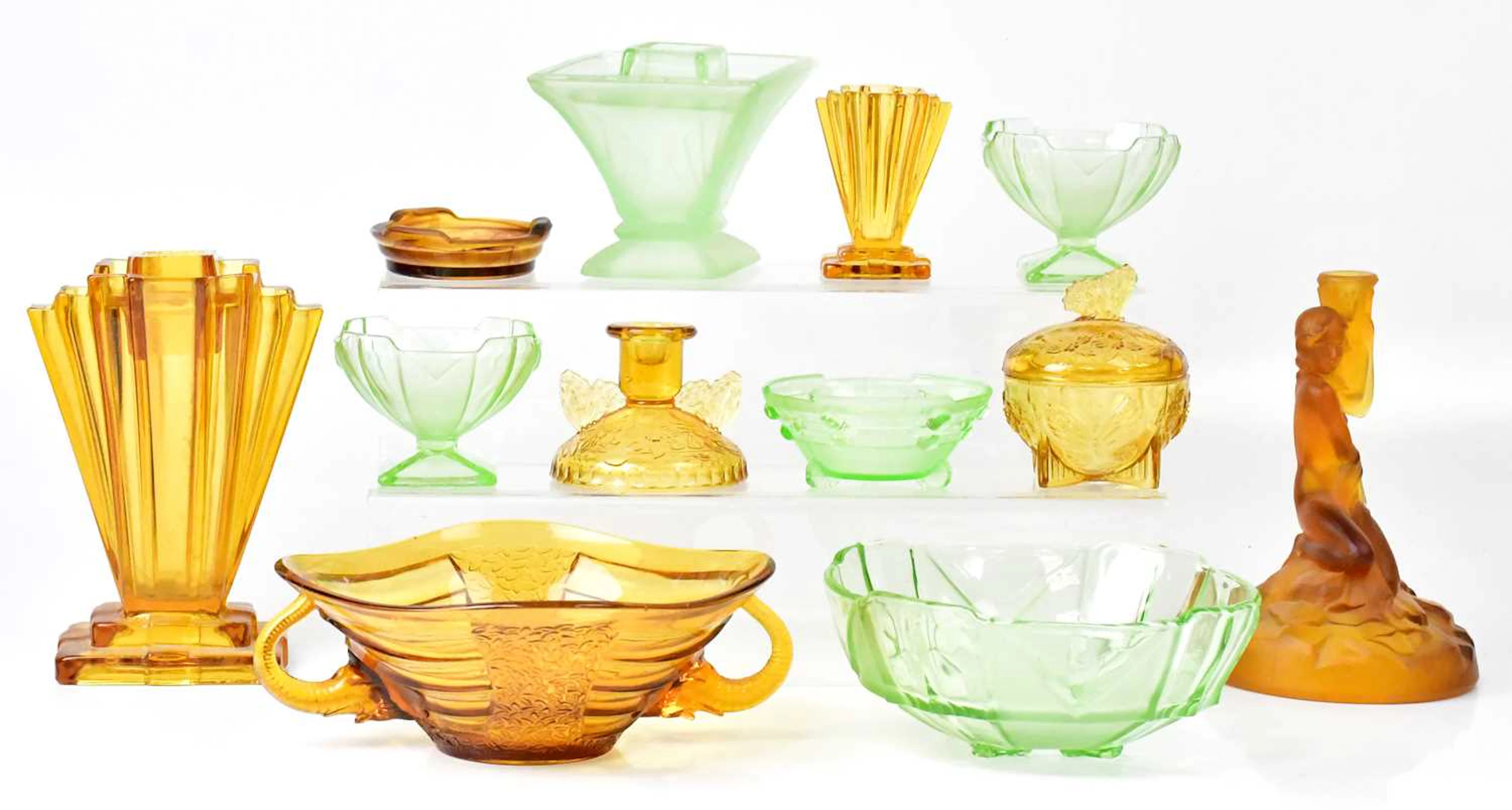 Amber and green Art Deco pressed glasswares