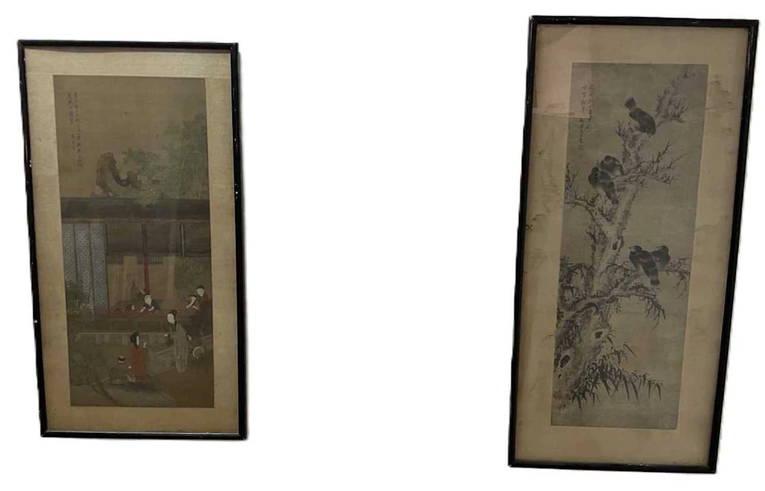 An Oriental silk with character mark and figures talking