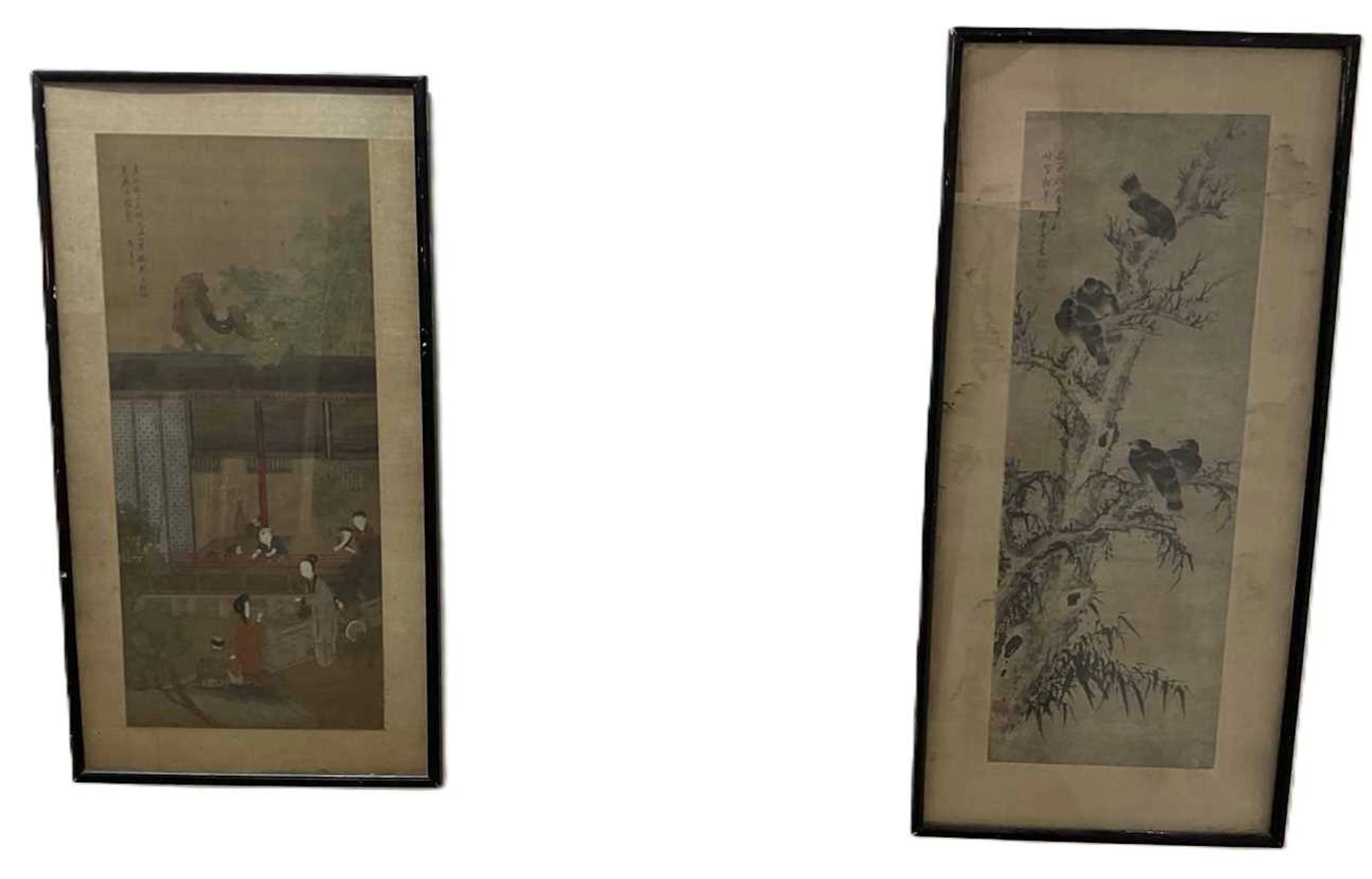 An Oriental silk with character mark and figures talking